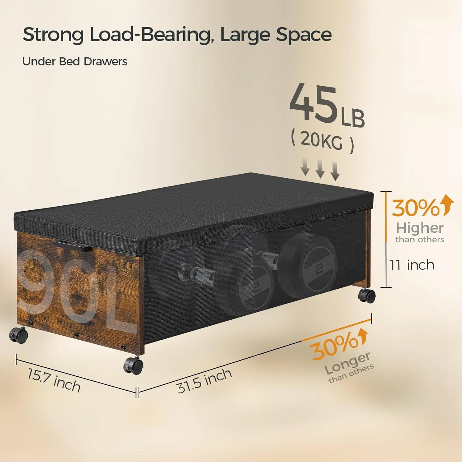 Under Bed Storage with Wheels, Bigger Size, Under Bed Drawers Heavy Duty, 2 Packs, Wooden Under Bed Storage Containers Organizer, Metal Frame, Patented Design