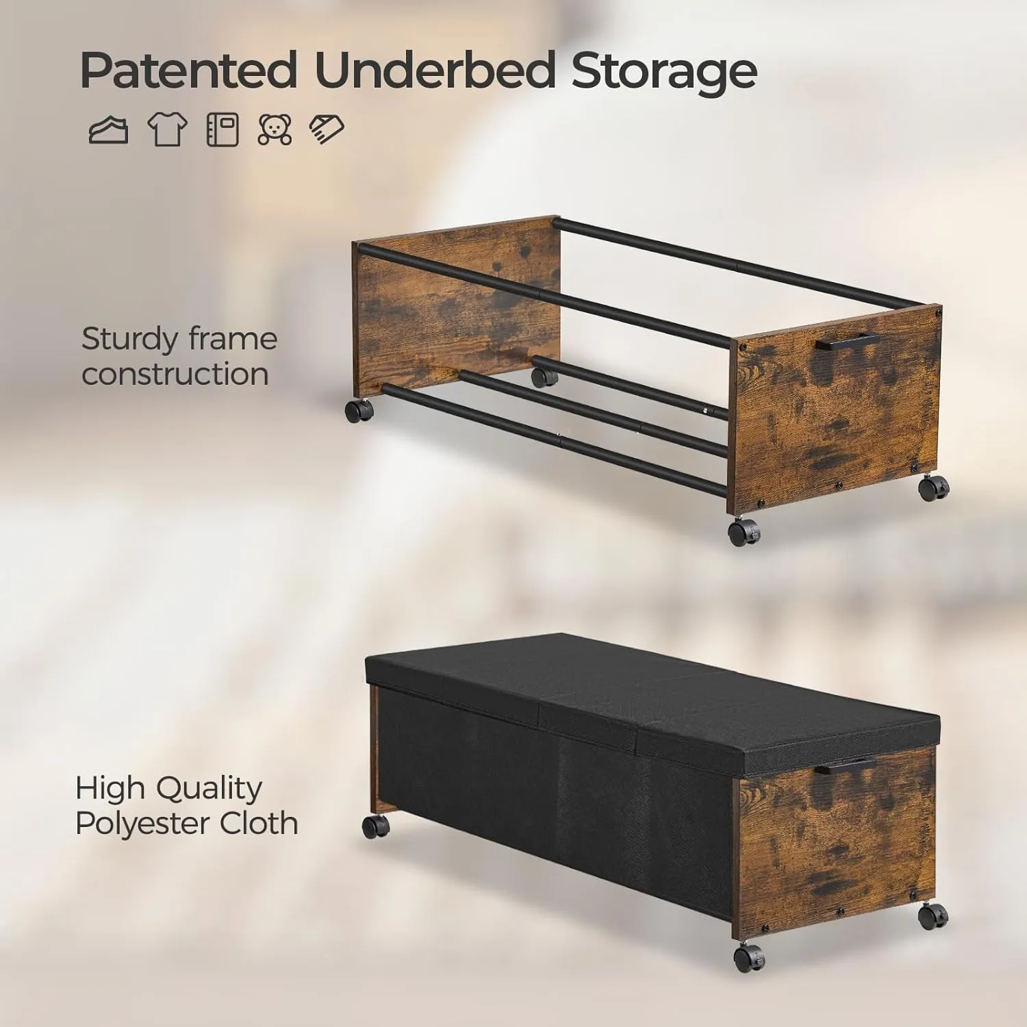 Under Bed Storage with Wheels, Bigger Size, Under Bed Drawers Heavy Duty, 2 Packs, Wooden Under Bed Storage Containers Organizer, Metal Frame, Patented Design