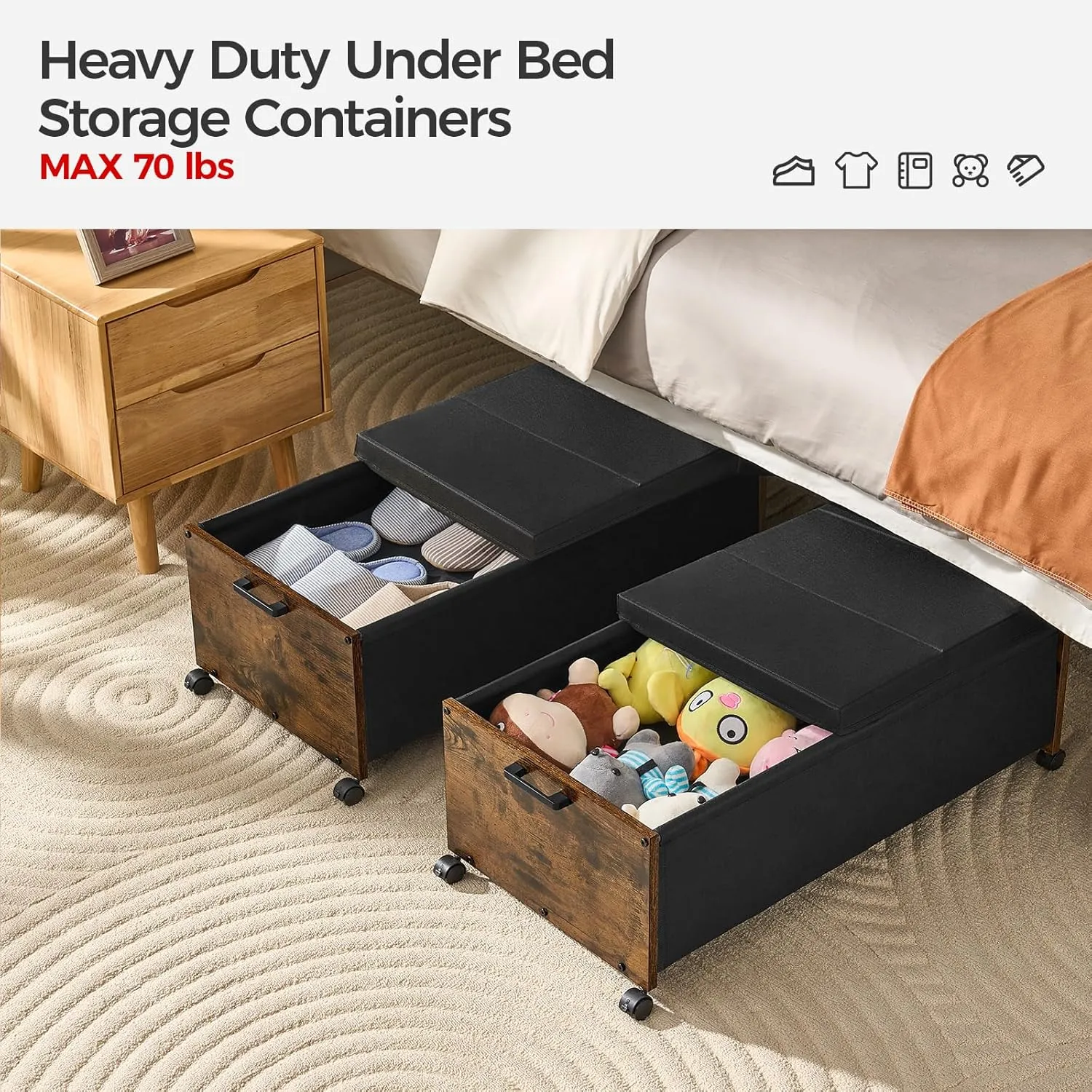 Under Bed Storage with Wheels, Bigger Size, Under Bed Drawers Heavy Duty, 2 Packs, Wooden Under Bed Storage Containers Organizer, Metal Frame, Patented Design