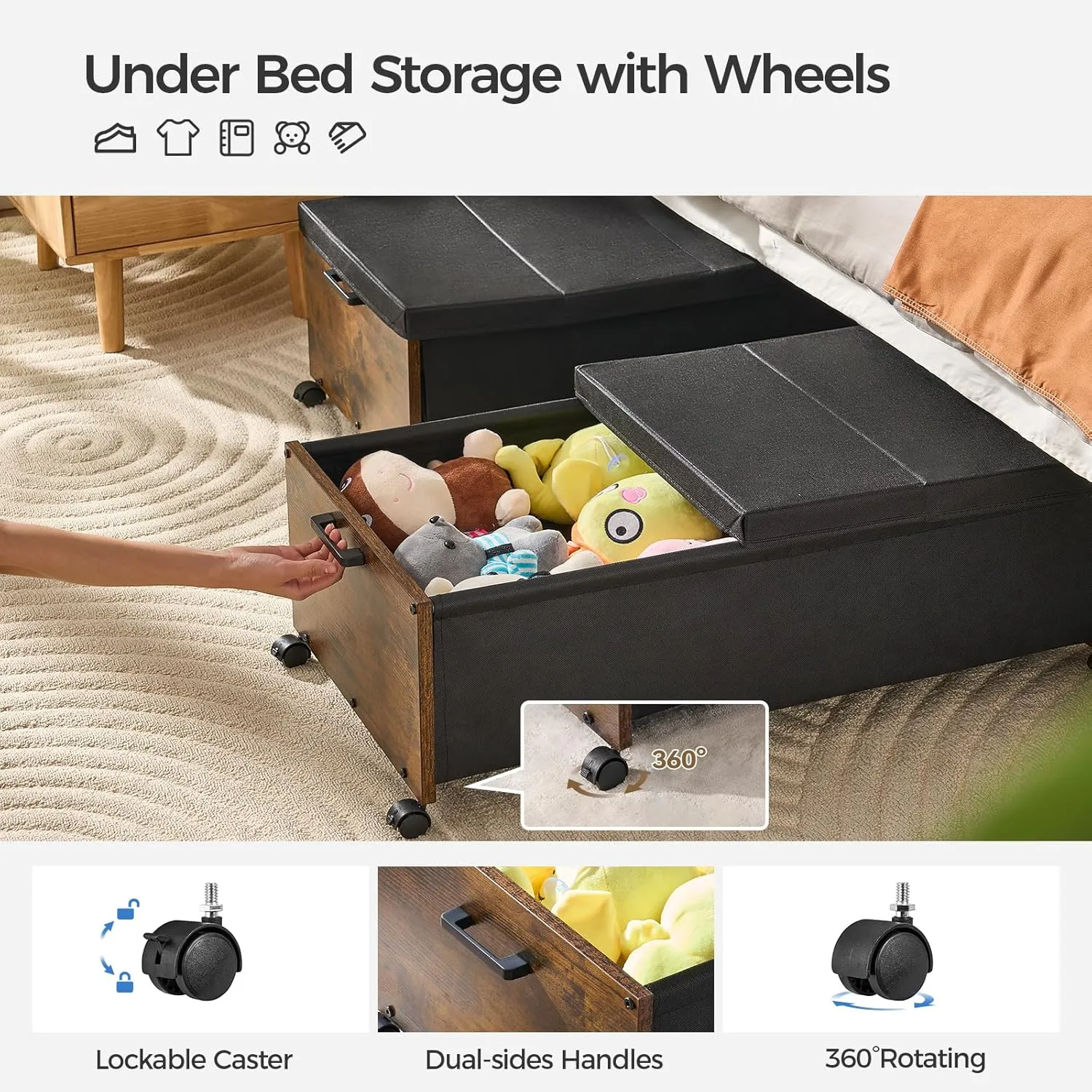 Under Bed Storage with Wheels, Bigger Size, Under Bed Drawers Heavy Duty, 2 Packs, Wooden Under Bed Storage Containers Organizer, Metal Frame, Patented Design