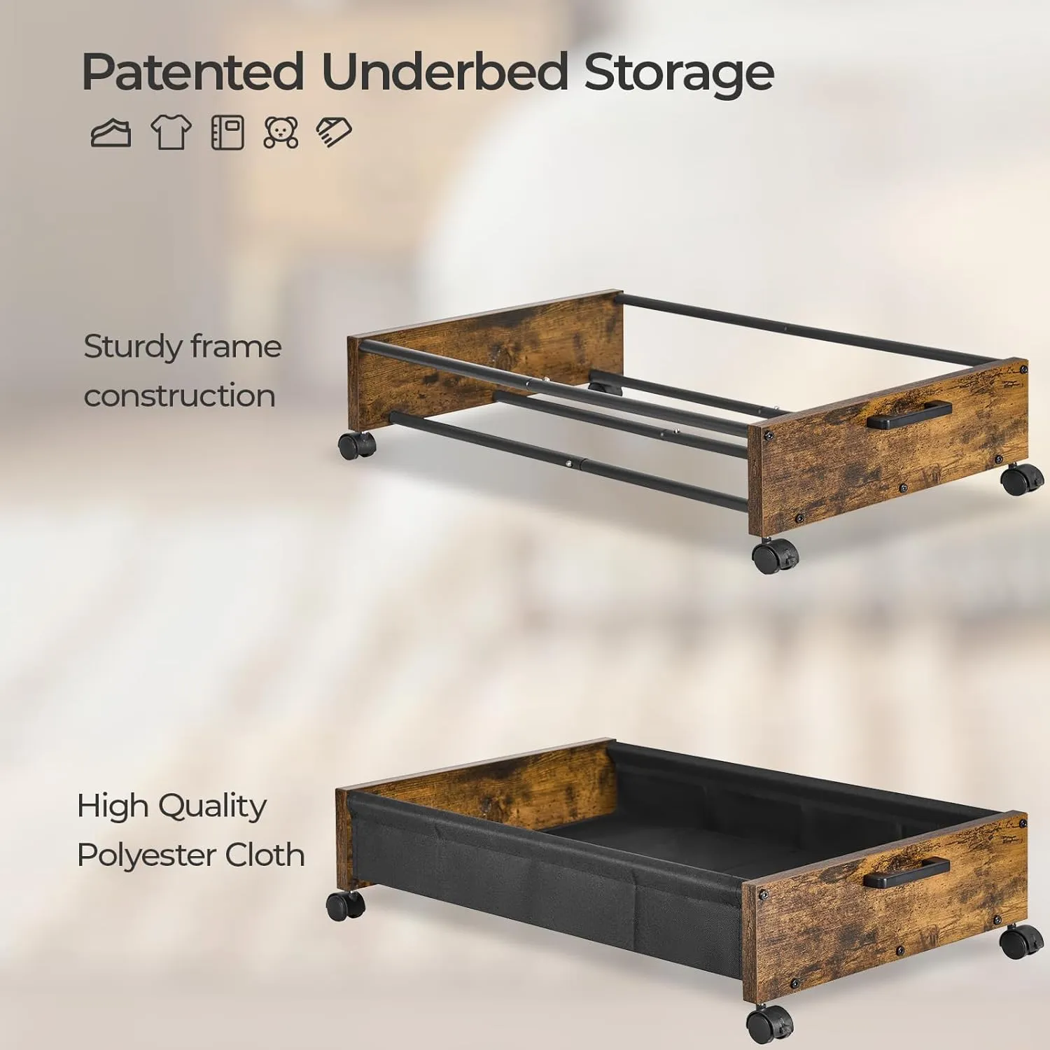 UnderBed Storage with Wheels, Under The Bed Storage, Rolling Under Bed Drawers, Metal Frame, Patented Design
