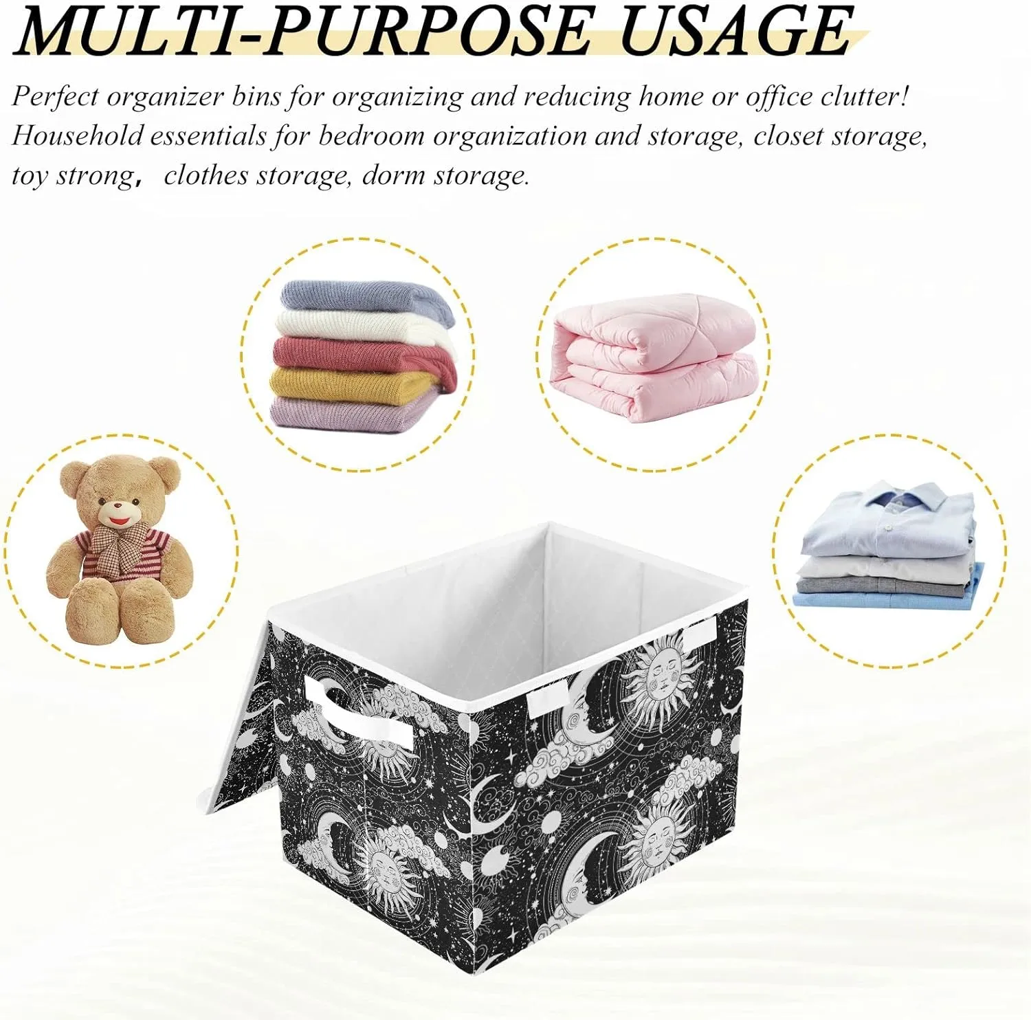 Universe, Crescent Moon and Sun with Moon Astrology Divination, Magic Foldable Cube Storage Basket Collapsible Fabric with Lidded Sturdy Handles Organizer Box for Home Bedroom 16.5 x 12.6 x 11.8 in