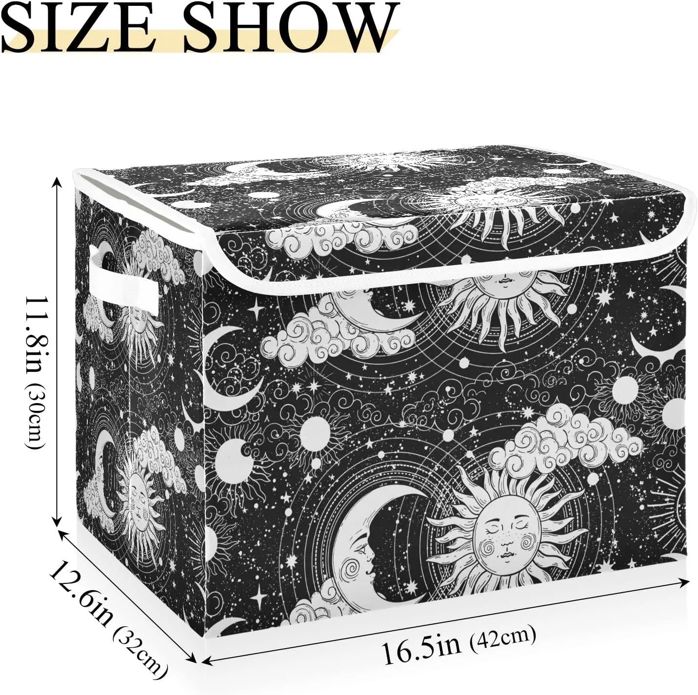 Universe, Crescent Moon and Sun with Moon Astrology Divination, Magic Foldable Cube Storage Basket Collapsible Fabric with Lidded Sturdy Handles Organizer Box for Home Bedroom 16.5 x 12.6 x 11.8 in