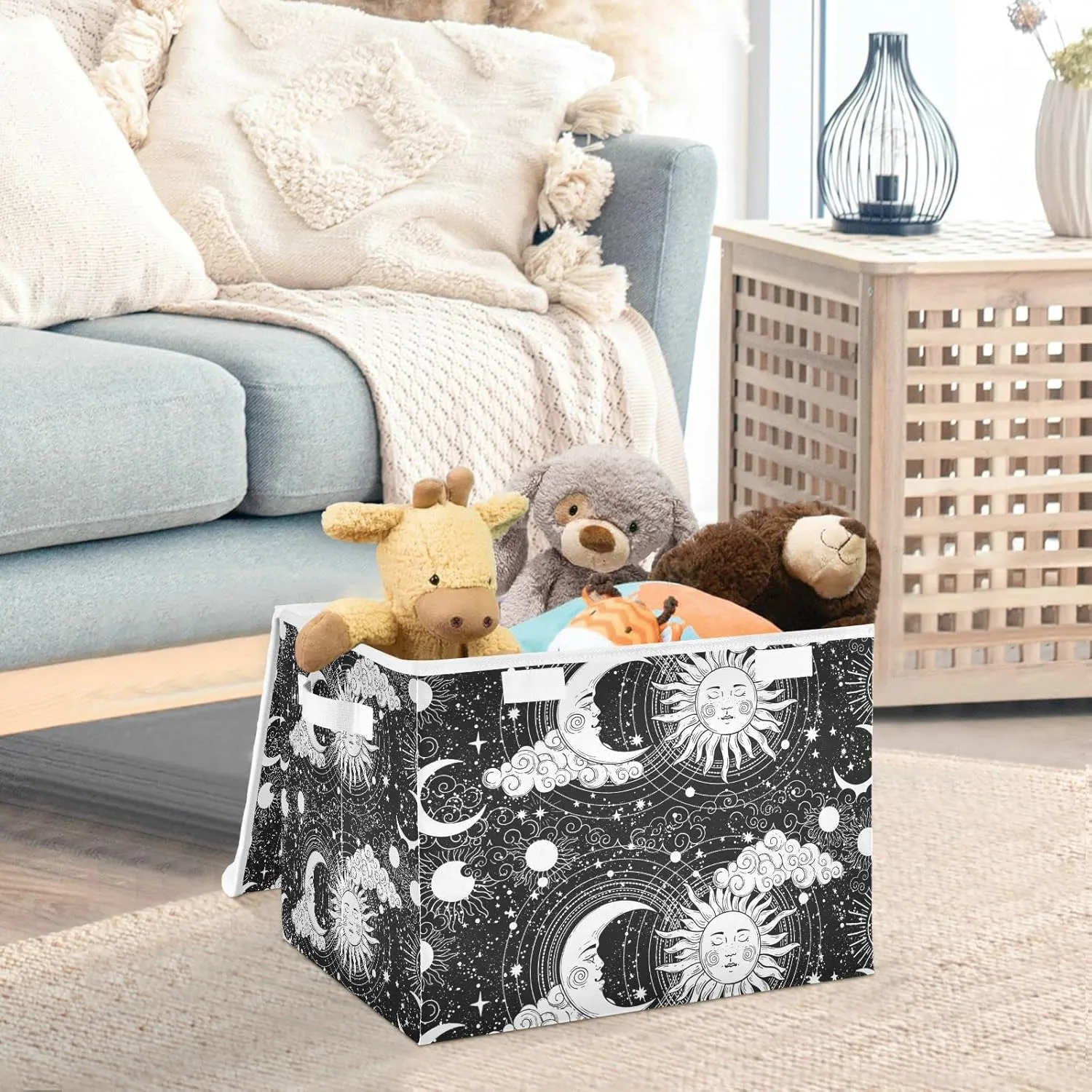 Universe, Crescent Moon and Sun with Moon Astrology Divination, Magic Foldable Cube Storage Basket Collapsible Fabric with Lidded Sturdy Handles Organizer Box for Home Bedroom 16.5 x 12.6 x 11.8 in