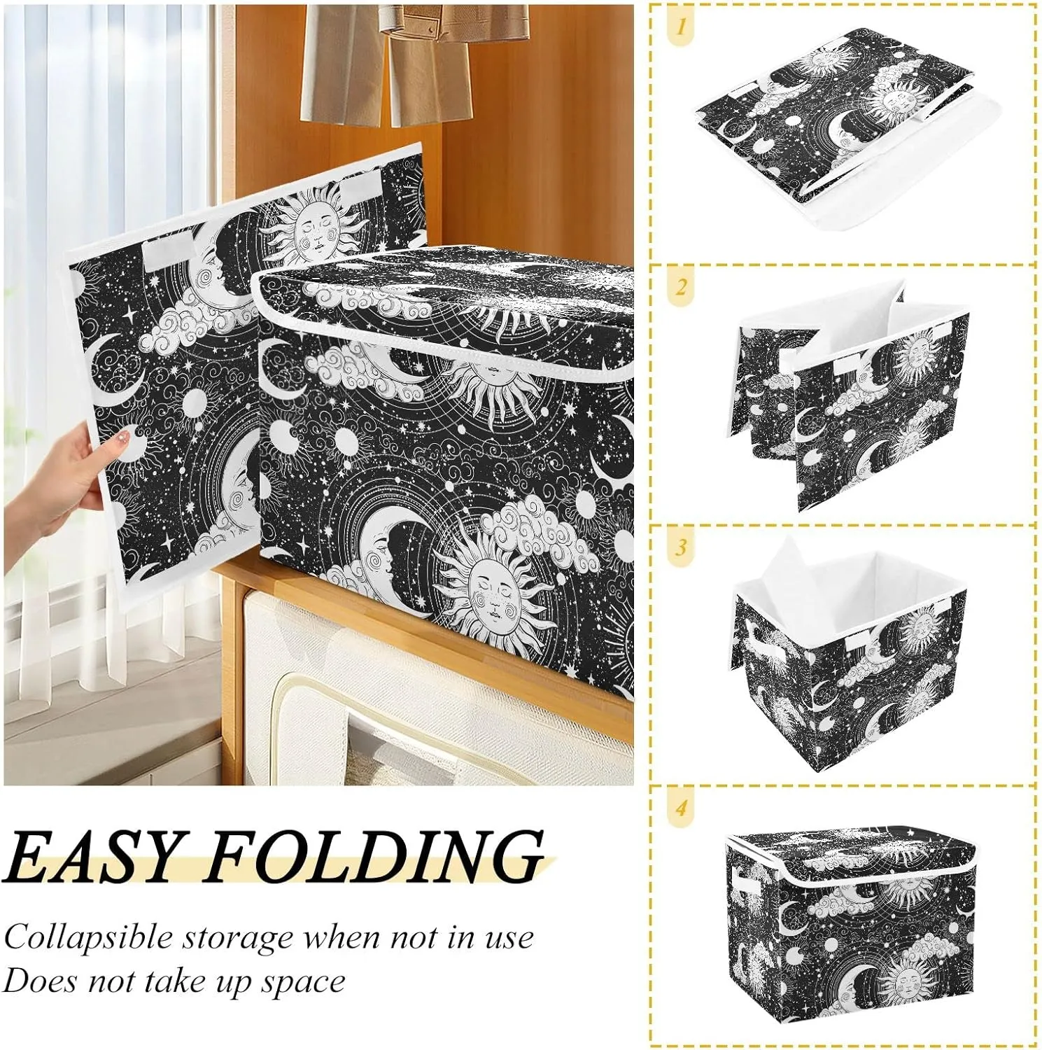 Universe, Crescent Moon and Sun with Moon Astrology Divination, Magic Foldable Cube Storage Basket Collapsible Fabric with Lidded Sturdy Handles Organizer Box for Home Bedroom 16.5 x 12.6 x 11.8 in