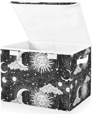 Universe, Crescent Moon and Sun with Moon Astrology Divination, Magic Foldable Cube Storage Basket Collapsible Fabric with Lidded Sturdy Handles Organizer Box for Home Bedroom 16.5 x 12.6 x 11.8 in