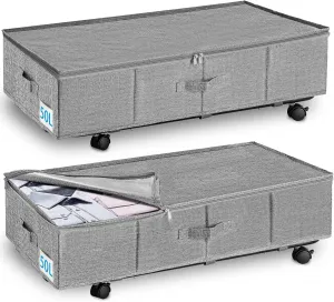 UPGRADE Under Bed Storage Containers, 8.7 inch Tall Underbed Storage with Wheels, Dustproof Clothes Organizer Bins With Lid for Blanket Bedding Shoe Bed Sheet Quilt Seasonal Clothing, Grey 50L