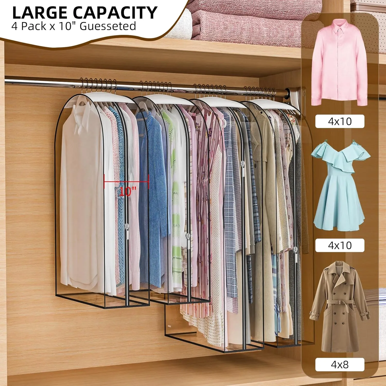 Upgraded Thickened Clear Garment Bags for Hanging Clothes 4 Packs, 10“ Gusseted Clothes Hanging Storage Bags for Closet, Shirts, Coats, Dresses (32 & 40 inch)