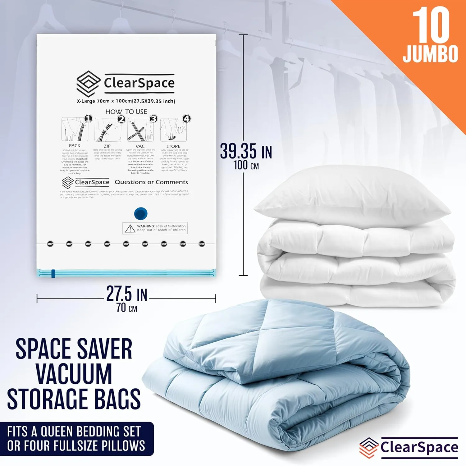 Vacuum Seal Bags for Clothing Travel, 10 Jumbo - Space Saver Vacuum Storage Bags, Blanket & Clothes Storage Bags Vacuum Sealed – Hand Pump Included, Bolsas Para Guardar Ropa Al Vacío