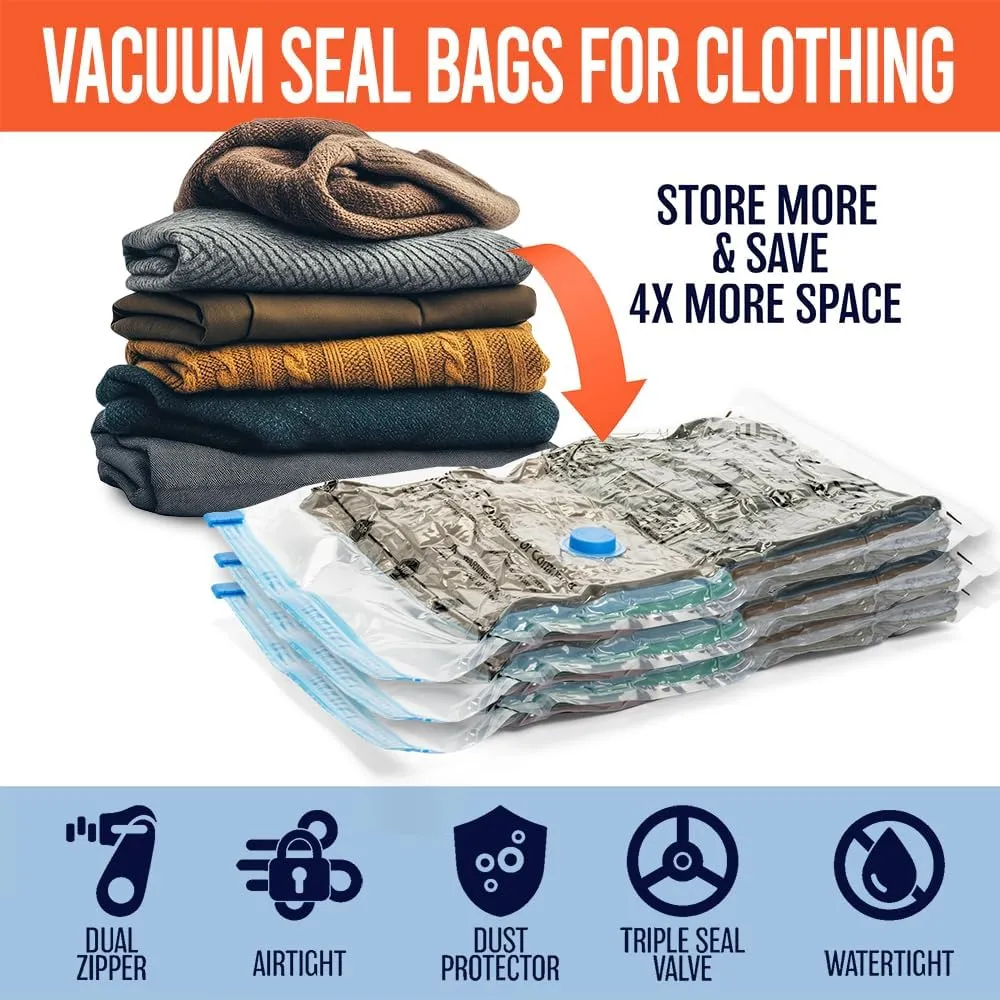 Vacuum Seal Bags for Clothing Travel, 10 Jumbo - Space Saver Vacuum Storage Bags, Blanket & Clothes Storage Bags Vacuum Sealed – Hand Pump Included, Bolsas Para Guardar Ropa Al Vacío