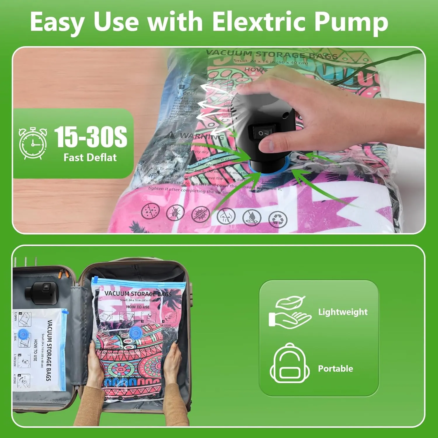 Vacuum Seal Bags for Clothing Travel, 12 Pack Space Saver Vacuum Storage Bags with Electric Pump,Portable Compression Sealer for Clothes, Blankets, Bedding & Travel,Good for Storage and Organization