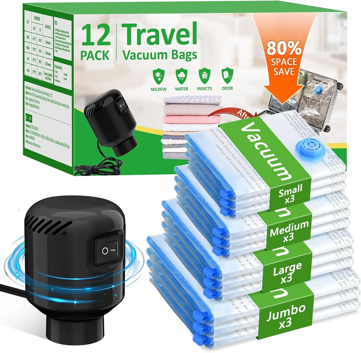 Vacuum Seal Bags for Clothing Travel, 12 Pack Space Saver Vacuum Storage Bags with Electric Pump,Portable Compression Sealer for Clothes, Blankets, Bedding & Travel,Good for Storage and Organization