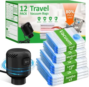 Vacuum Seal Bags for Clothing Travel, 12 Pack Space Saver Vacuum Storage Bags with Electric Pump,Portable Compression Sealer for Clothes, Blankets, Bedding & Travel,Good for Storage and Organization