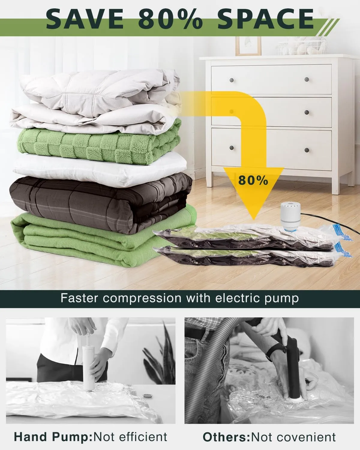 Vacuum Storage Bags (6 Jumbo Pack) Space Saver Bags with 1 Electric Air Pump Vacuum Seal Bags Compression Bags for Clothes Blanket Duvets Pillows Comforters Travel Moving