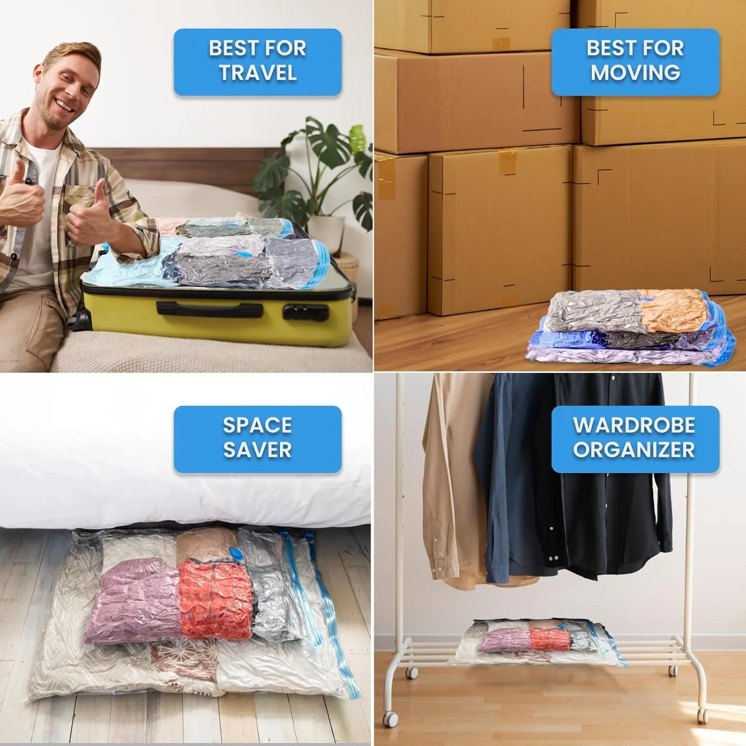 Vacuum Storage Bags | 6 Pack of Vacuum Sealer Bags (1Jumbo 2Large 2Medium) Free Hand Pump | Vacuum air bag travel for Pillows, Blankets, Clothes, Bedding, and Duvet with Quilts for Home and Travelling