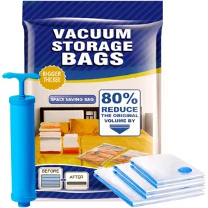Vacuum Storage Bags | 6 Pack of Vacuum Sealer Bags (1Jumbo 2Large 2Medium) Free Hand Pump | Vacuum air bag travel for Pillows, Blankets, Clothes, Bedding, and Duvet with Quilts for Home and Travelling
