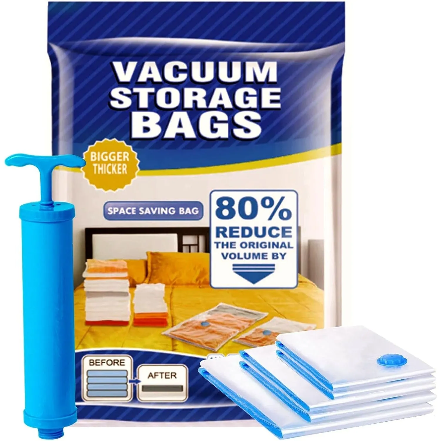 Vacuum Storage Bags | 6 Pack of Vacuum Sealer Bags (1Jumbo 2Large 2Medium) Free Hand Pump | Vacuum air bag travel for Pillows, Blankets, Clothes, Bedding, and Duvet with Quilts for Home and Travelling