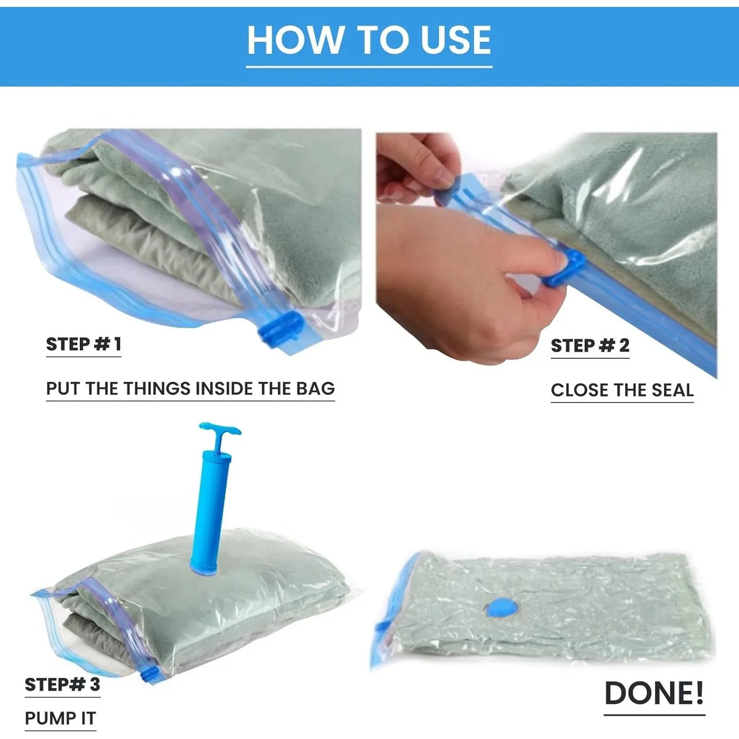 Vacuum Storage Bags | 6 Pack of Vacuum Sealer Bags (1Jumbo 2Large 2Medium) Free Hand Pump | Vacuum air bag travel for Pillows, Blankets, Clothes, Bedding, and Duvet with Quilts for Home and Travelling