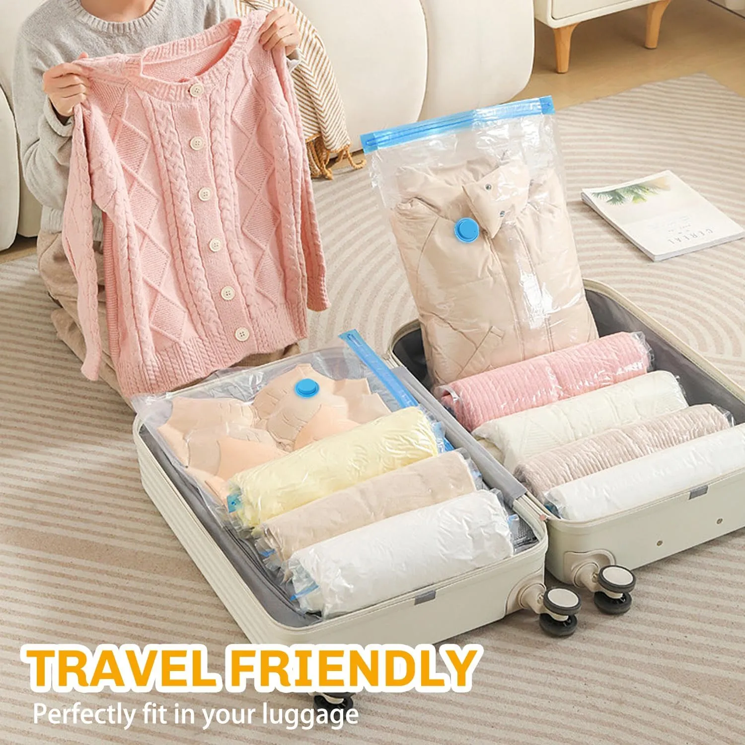 Vacuum Storage Bags for Clothing Comforters and Blankets, Space Saver, Travel Bag for Luggage (Clear, 15)