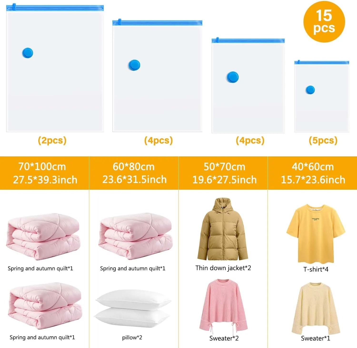 Vacuum Storage Bags for Clothing Comforters and Blankets, Space Saver, Travel Bag for Luggage (Clear, 15)
