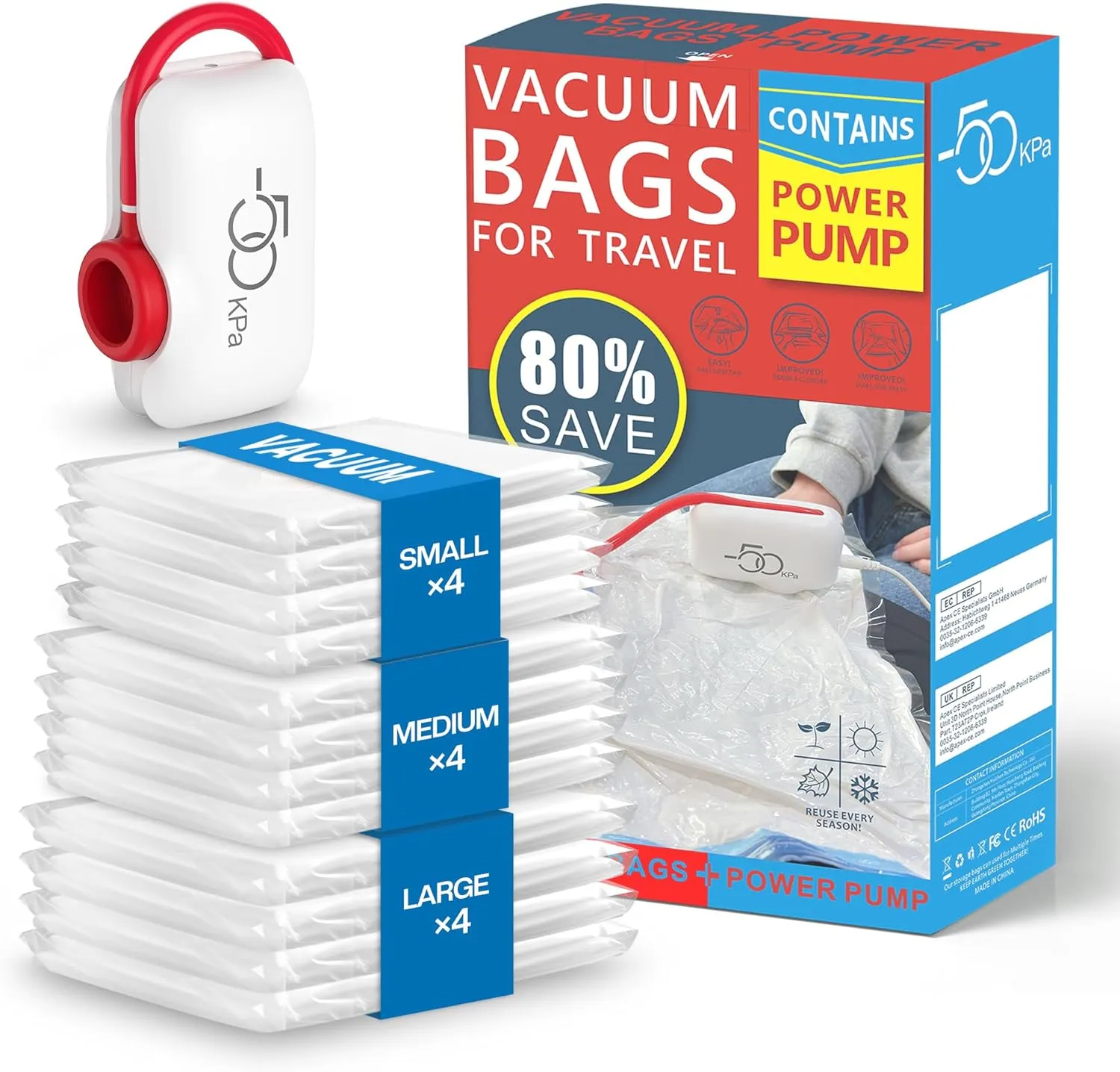 Vacuum Storage Bags for Travel, 12 Pack Vacuum Seal Bags for Clothing Travel, Vacuum Sealer Bags with High Pressure Electric Pump, Portable Space Saver Bags for Luggage Traveling