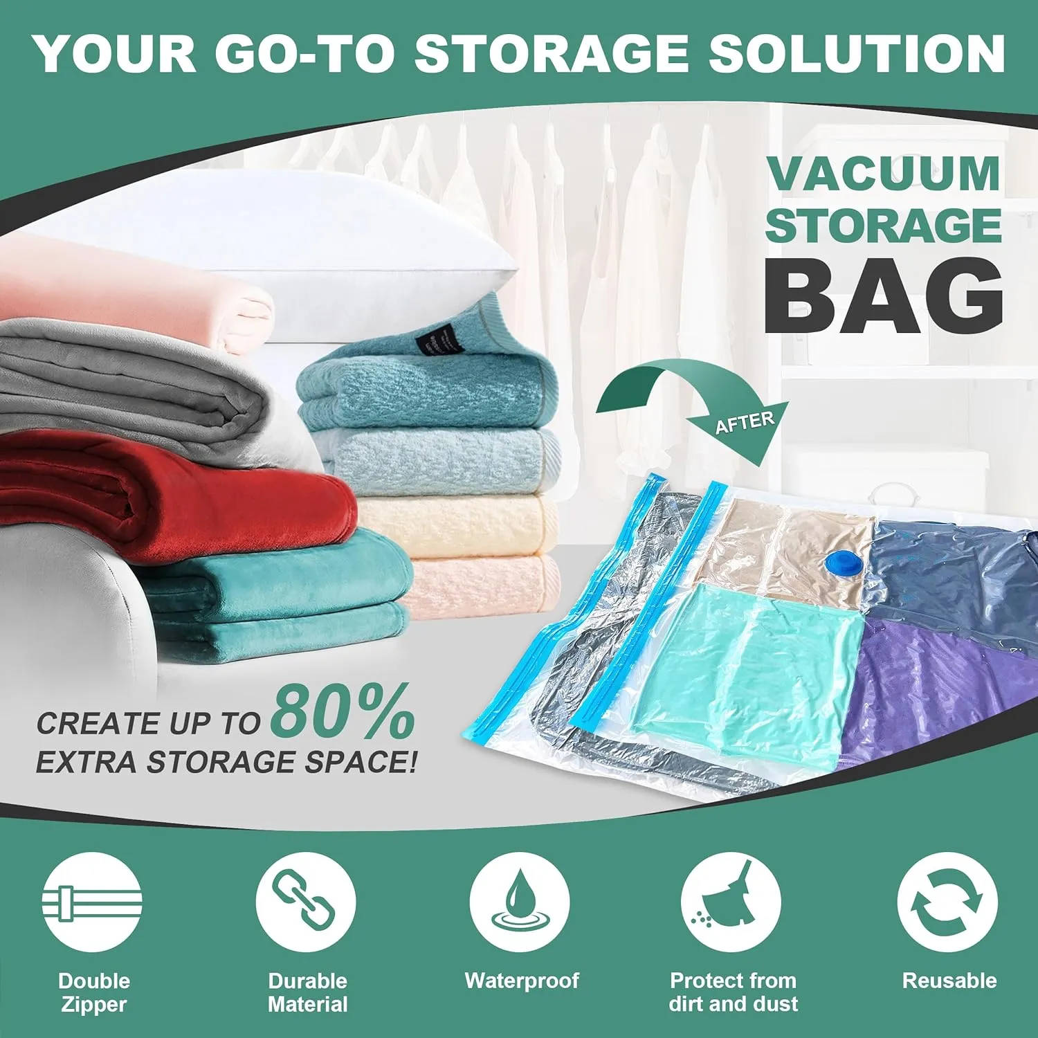 Vacuum Storage Bags, Space Saver Bags, Vacuum Sealed Bags for Comforters, Blankets, Clothes Storage, Hand Pump Included, 10-Small