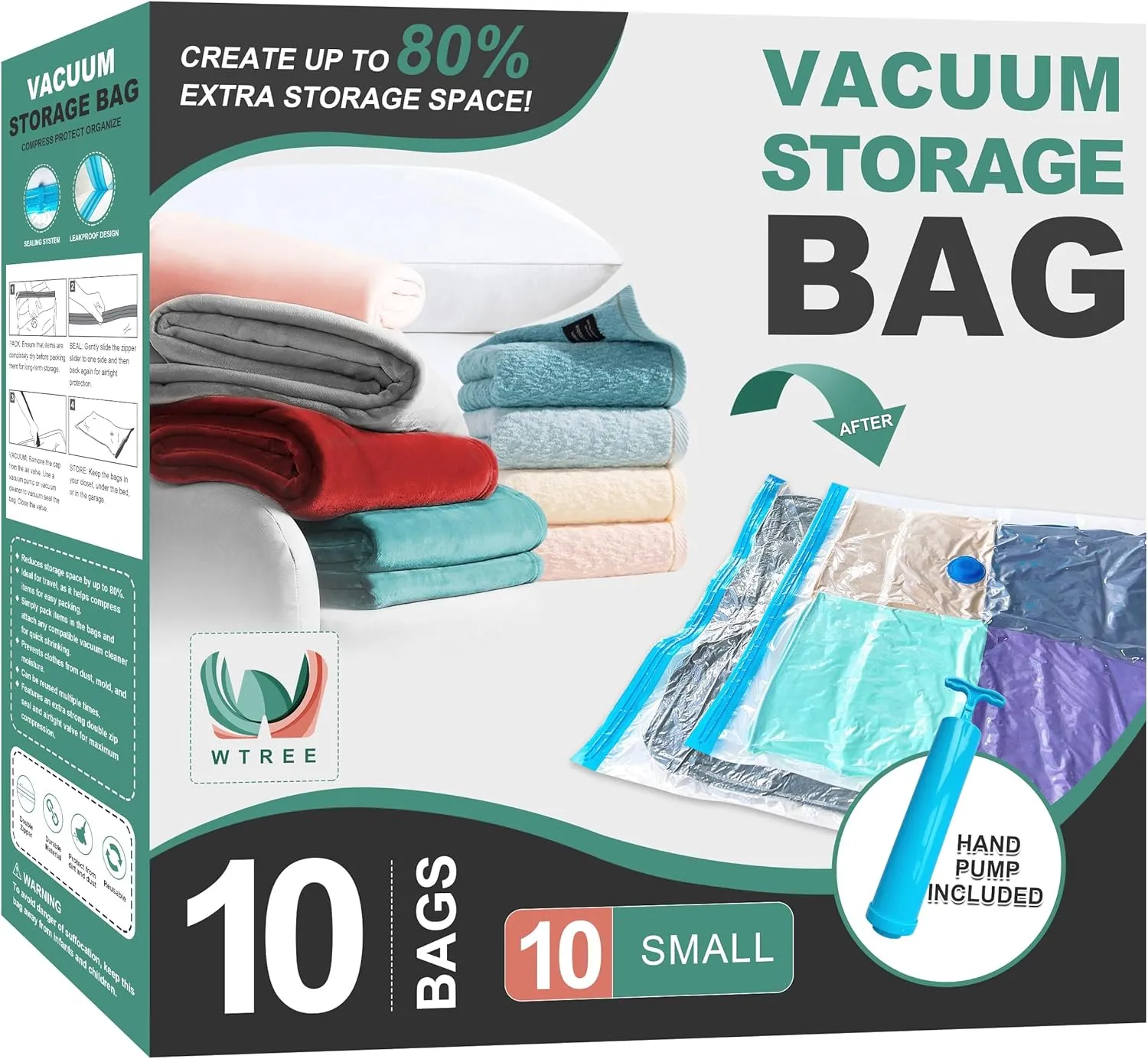Vacuum Storage Bags, Space Saver Bags, Vacuum Sealed Bags for Comforters, Blankets, Clothes Storage, Hand Pump Included, 10-Small