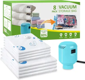 Vacuum Storage Bags with Electric Pump Set 8-Pack Large Vacuum Seal Bags for Clothing for Travel Packing and Home Bedding Blankets Organization