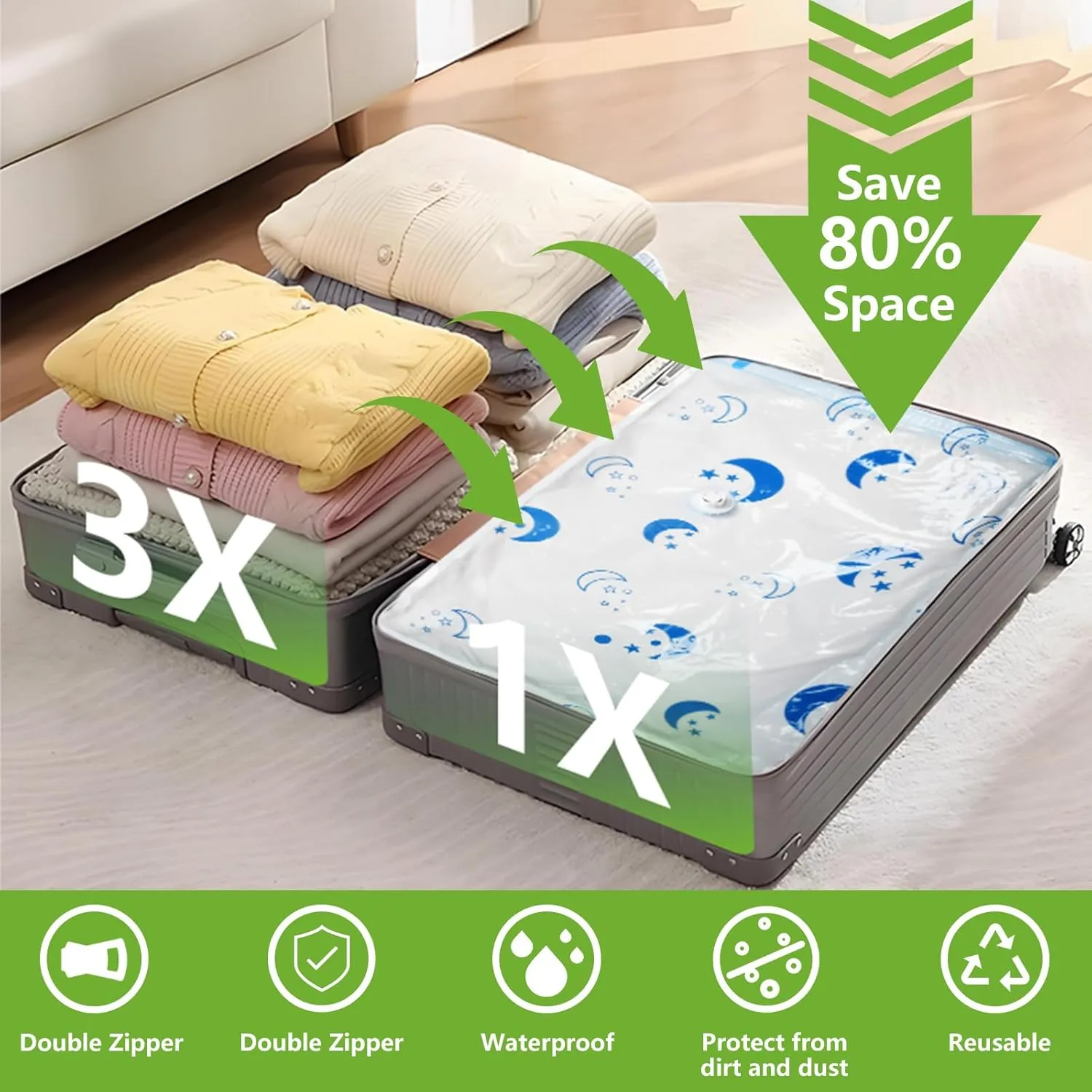 Vacuum Storage Bags with Electric Pump Set 8-Pack Large Vacuum Seal Bags for Clothing for Travel Packing and Home Bedding Blankets Organization