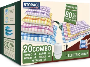 Vacuum Storage Bags with Electric Pump, Space Bags Vacuum Storage Bags for Comforters and Blankets, Vacuum Seal Bags for Clothing Clothes, Set of 20