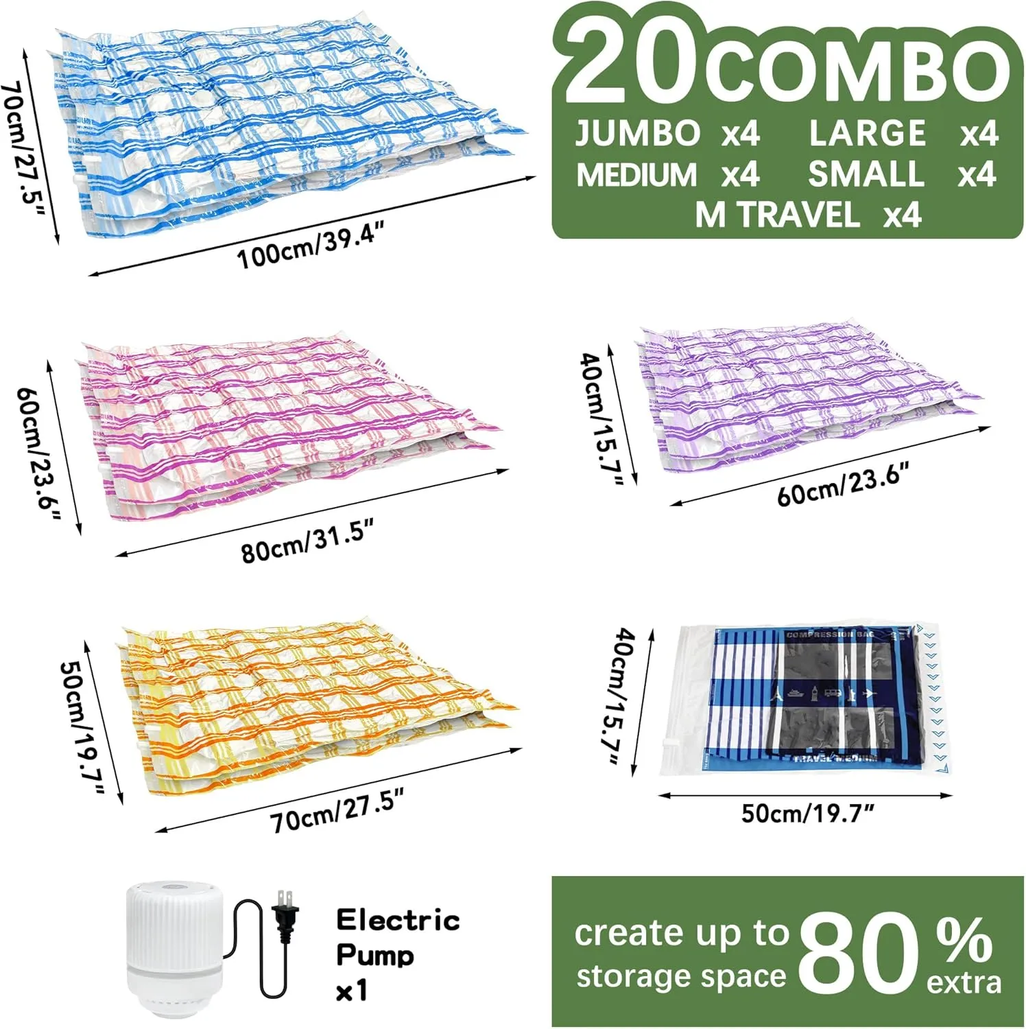 Vacuum Storage Bags with Electric Pump, Space Bags Vacuum Storage Bags for Comforters and Blankets, Vacuum Seal Bags for Clothing Clothes, Set of 20