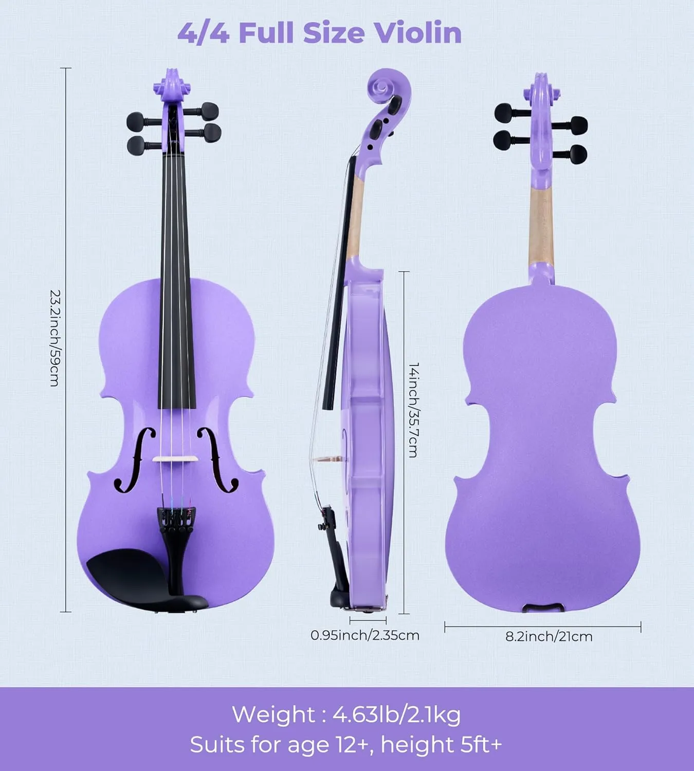 Vangoa 4/4 Full Size Violin Set for Beginners, Entry-level Fiddle Kit for Kids, Adults, Girls, Complete Starter Accessories Bundle with Rubber Muter, Purple