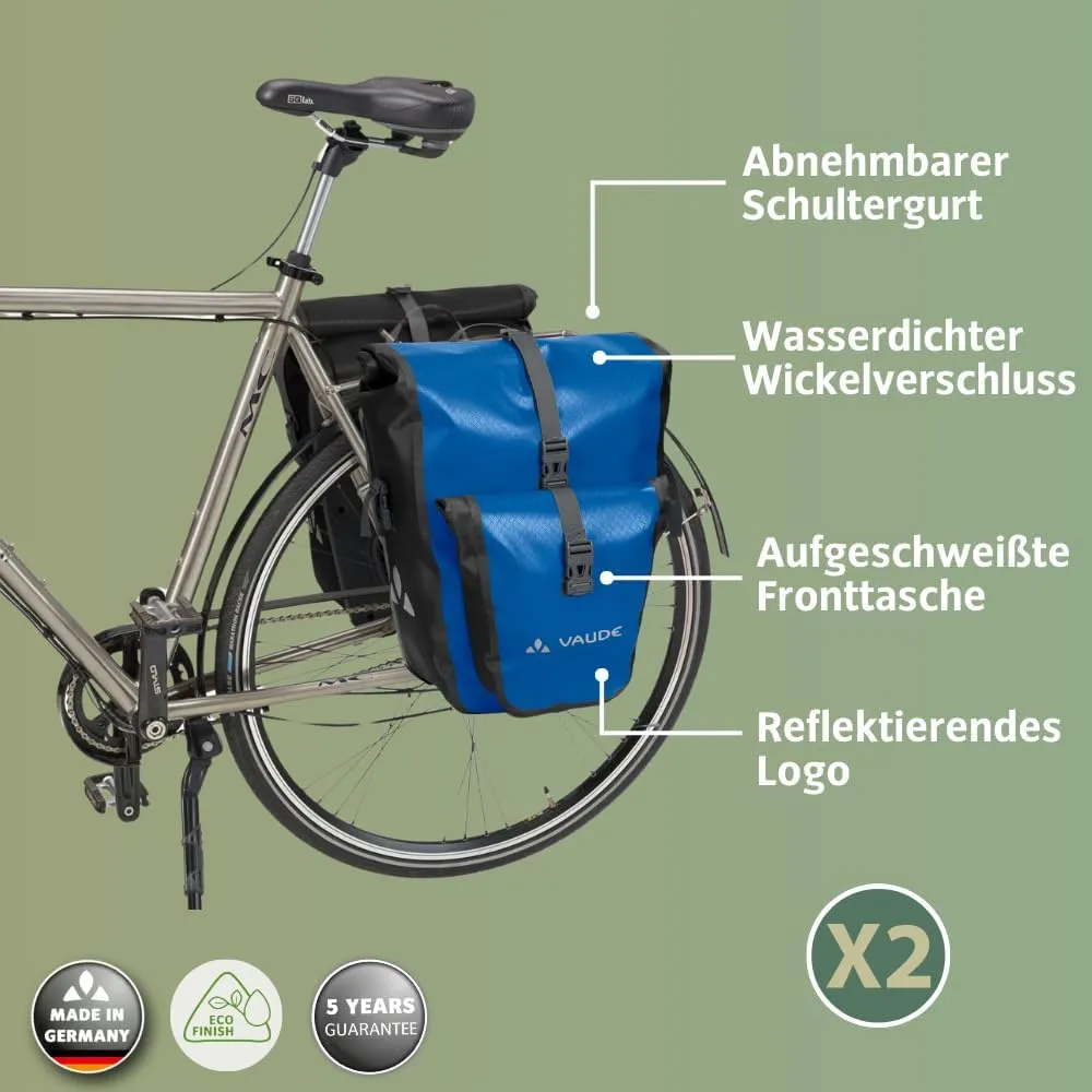 VAUDE Aqua Plus - Rear Pannier Bike Bag - Set of 2 - PVC-Free Tarpaulin Bike Panniers - Waterproof Pannier Bags with Front Pocket and 51 Litre Total Storage Volume