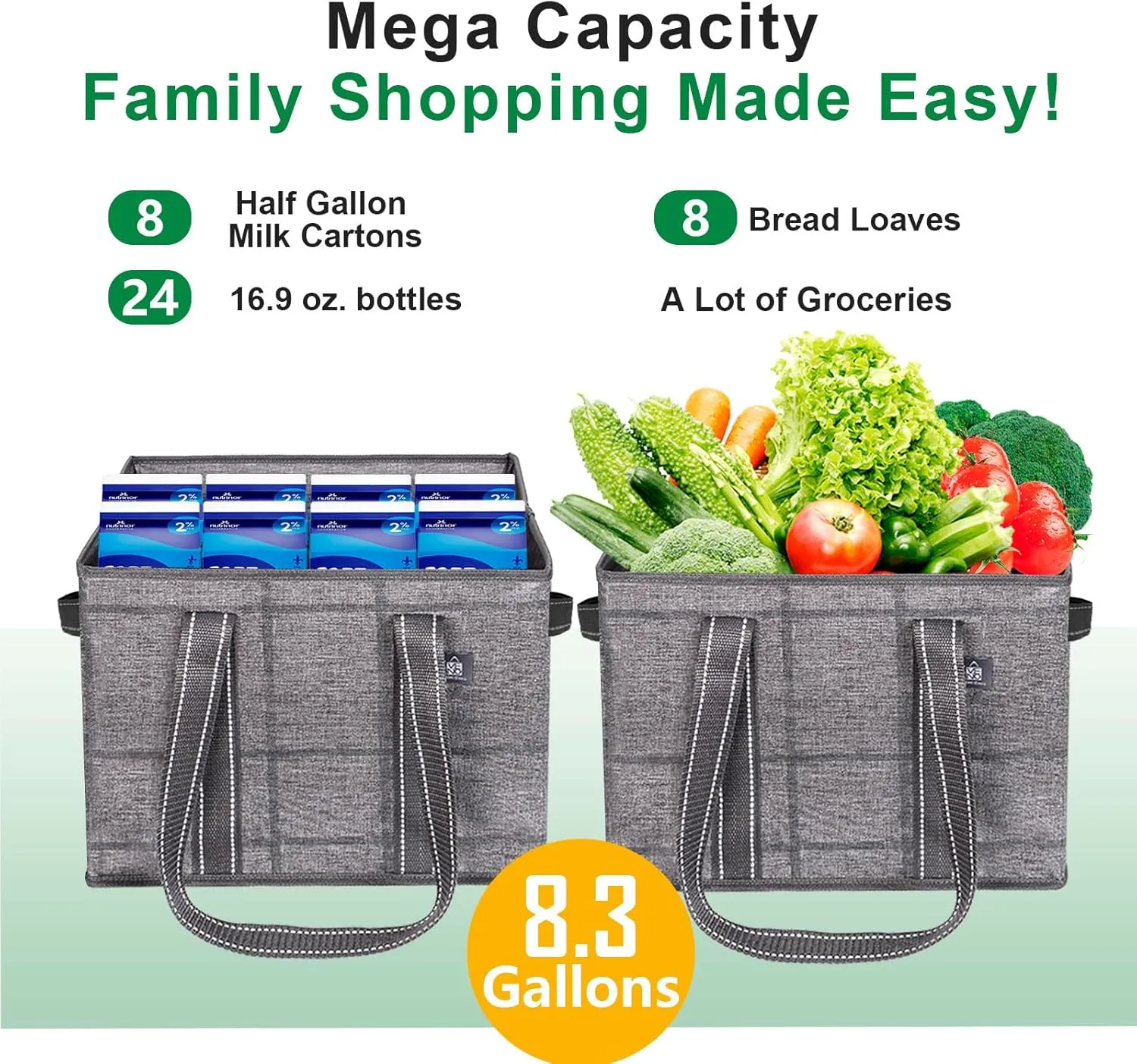 VENO 2 Pack 8 Gallon Reusable Grocery Bags, Extra Large Shopping Bags for groceries, Utility Tote with Handles and Hard Bottom, Foldable Cart Organizer, Water Resistant, Heavy-Duty (Windowpane)
