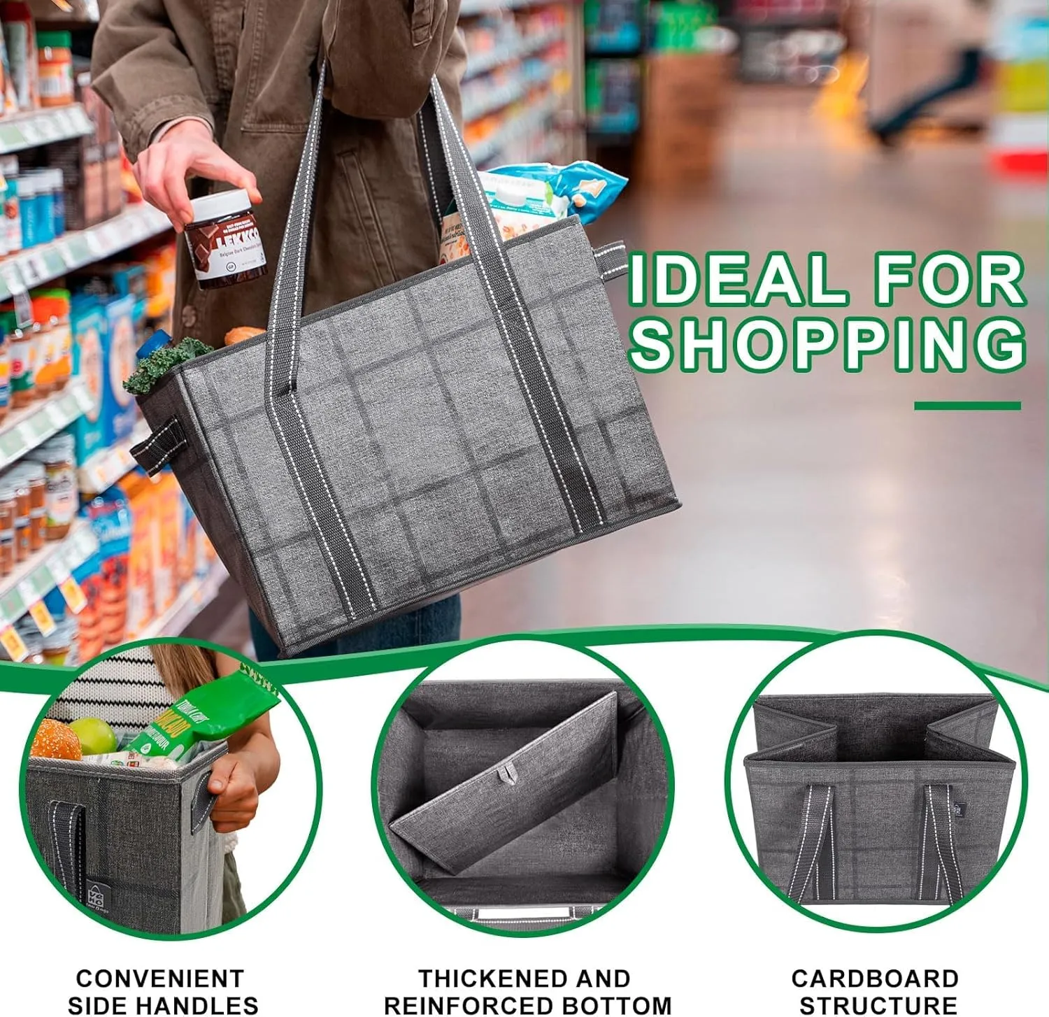 VENO 2 Pack 8 Gallon Reusable Grocery Bags, Extra Large Shopping Bags for groceries, Utility Tote with Handles and Hard Bottom, Foldable Cart Organizer, Water Resistant, Heavy-Duty (Windowpane)