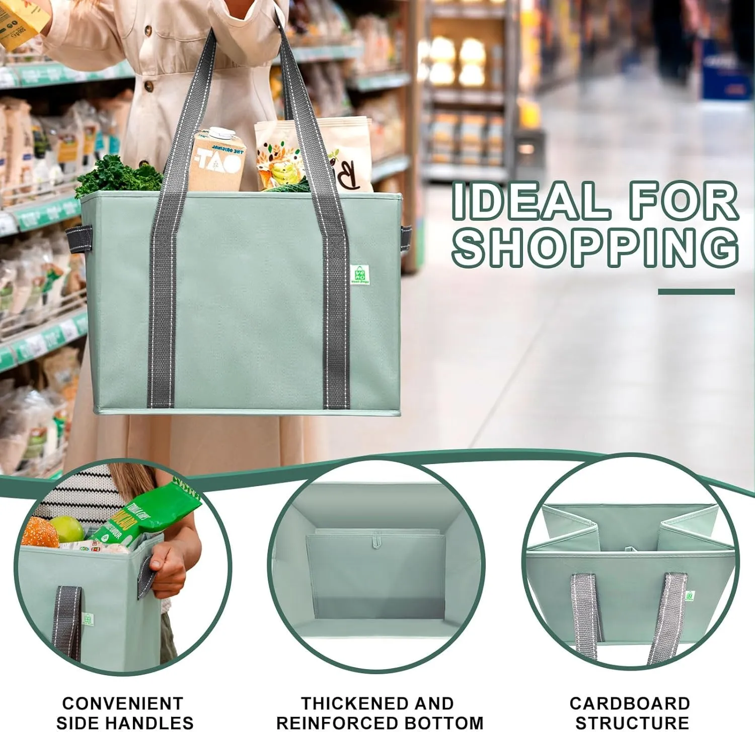 VENO 2 Pack 8 Gallon Reusable Grocery Bags, Shopping Bags for groceries, Extra Large Utility Tote with Handles and Hard Bottom, Foldable Cart Organizer, Water Resistant, Heavy-Duty (Light Green)