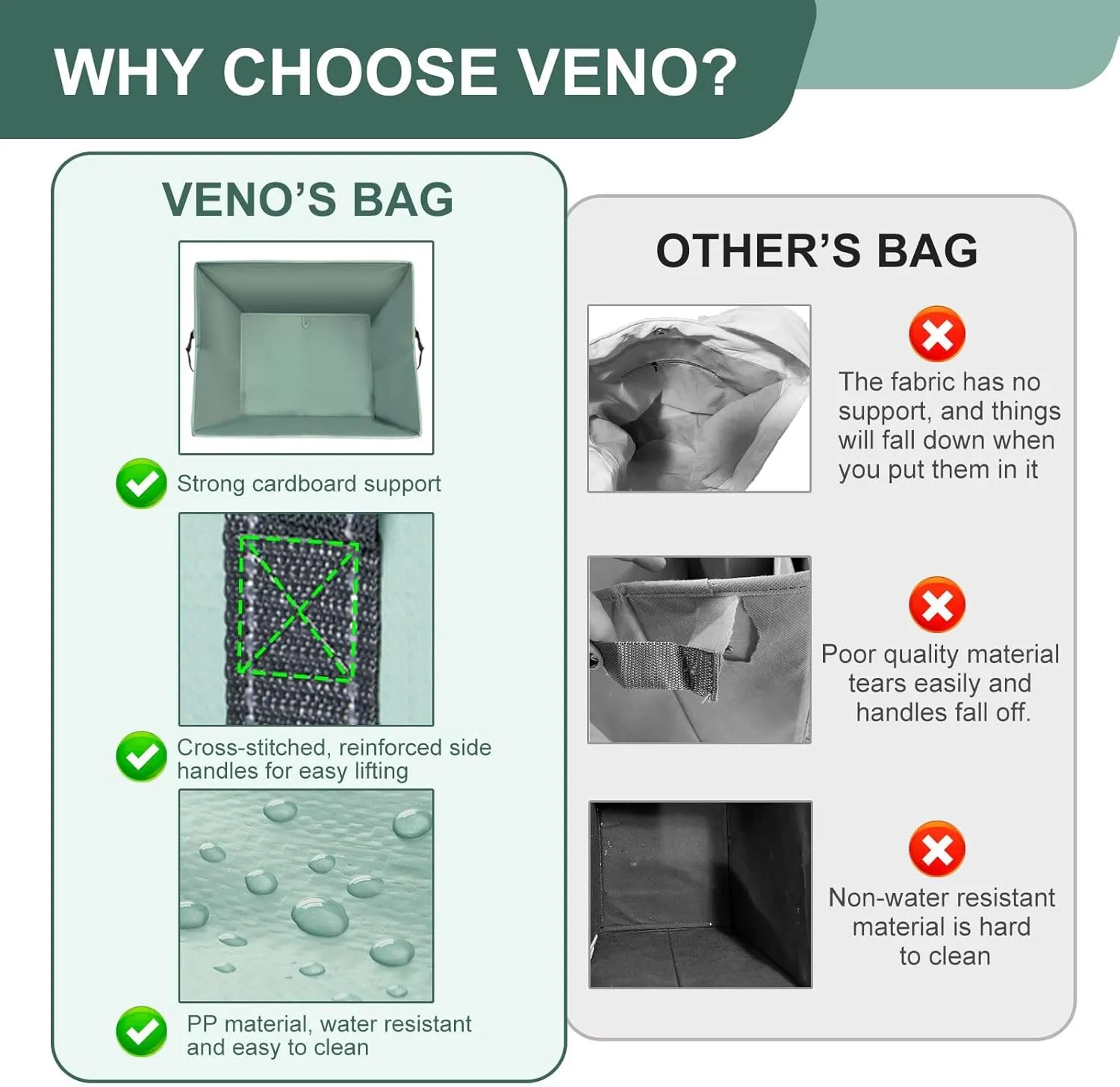 VENO 2 Pack 8 Gallon Reusable Grocery Bags, Shopping Bags for groceries, Extra Large Utility Tote with Handles and Hard Bottom, Foldable Cart Organizer, Water Resistant, Heavy-Duty (Light Green)