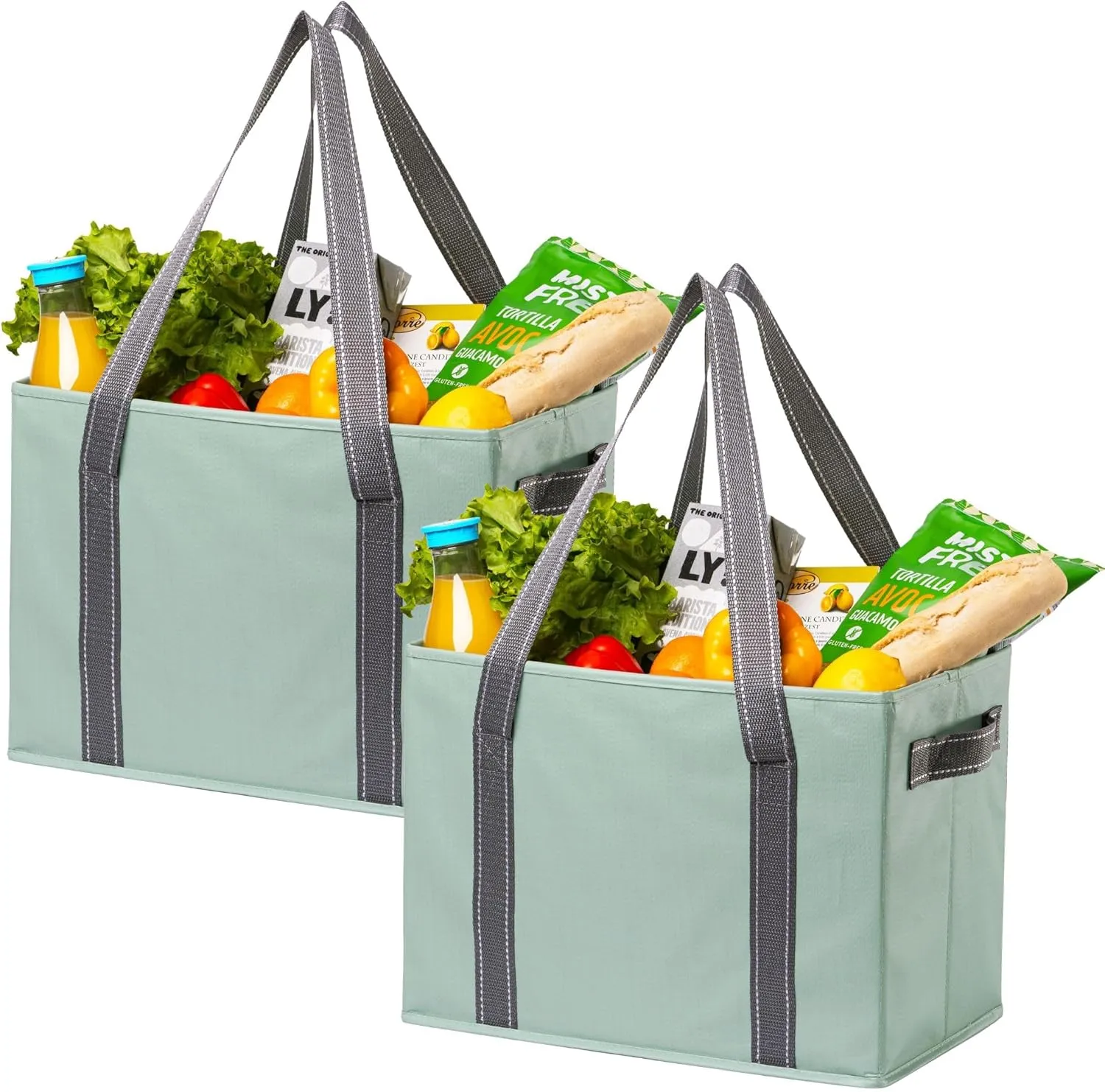 VENO 2 Pack 8 Gallon Reusable Grocery Bags, Shopping Bags for groceries, Extra Large Utility Tote with Handles and Hard Bottom, Foldable Cart Organizer, Water Resistant, Heavy-Duty (Light Green)