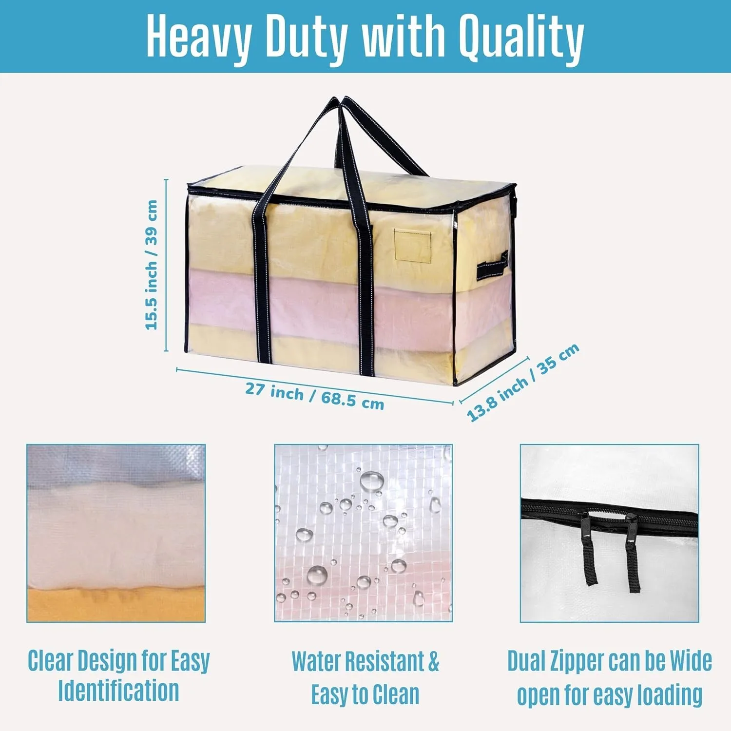 VENO 4 Pack Moving Bags, Heavy Duty, Moving Boxes Alternative, Packing Storage Supplies for Dorm Room Essentials with Zipper for Clothes, Large Totes for Packaging (Clear-4 Pack)