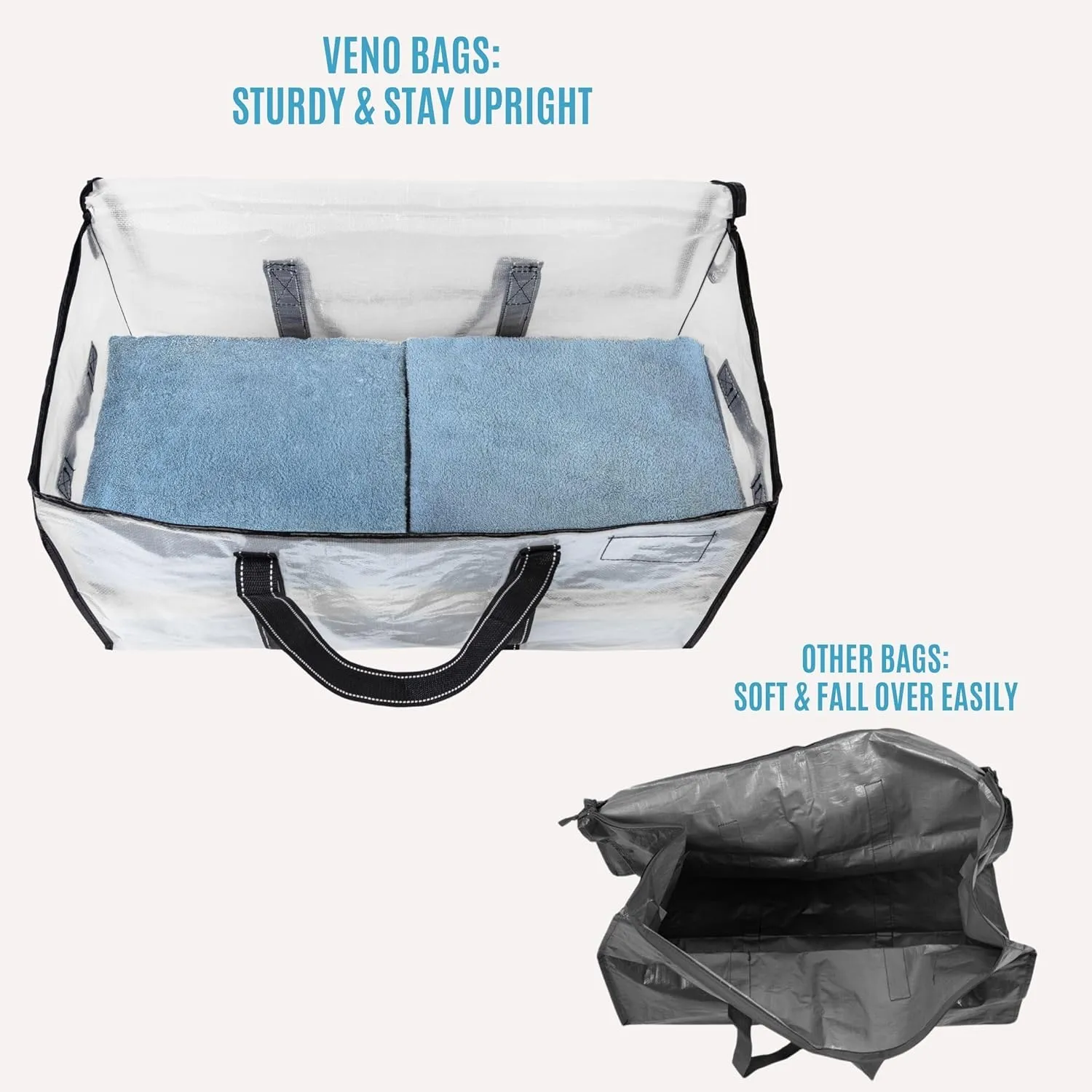 VENO 4 Pack Moving Bags, Heavy Duty, Moving Boxes Alternative, Packing Storage Supplies for Dorm Room Essentials with Zipper for Clothes, Large Totes for Packaging (Clear-4 Pack)