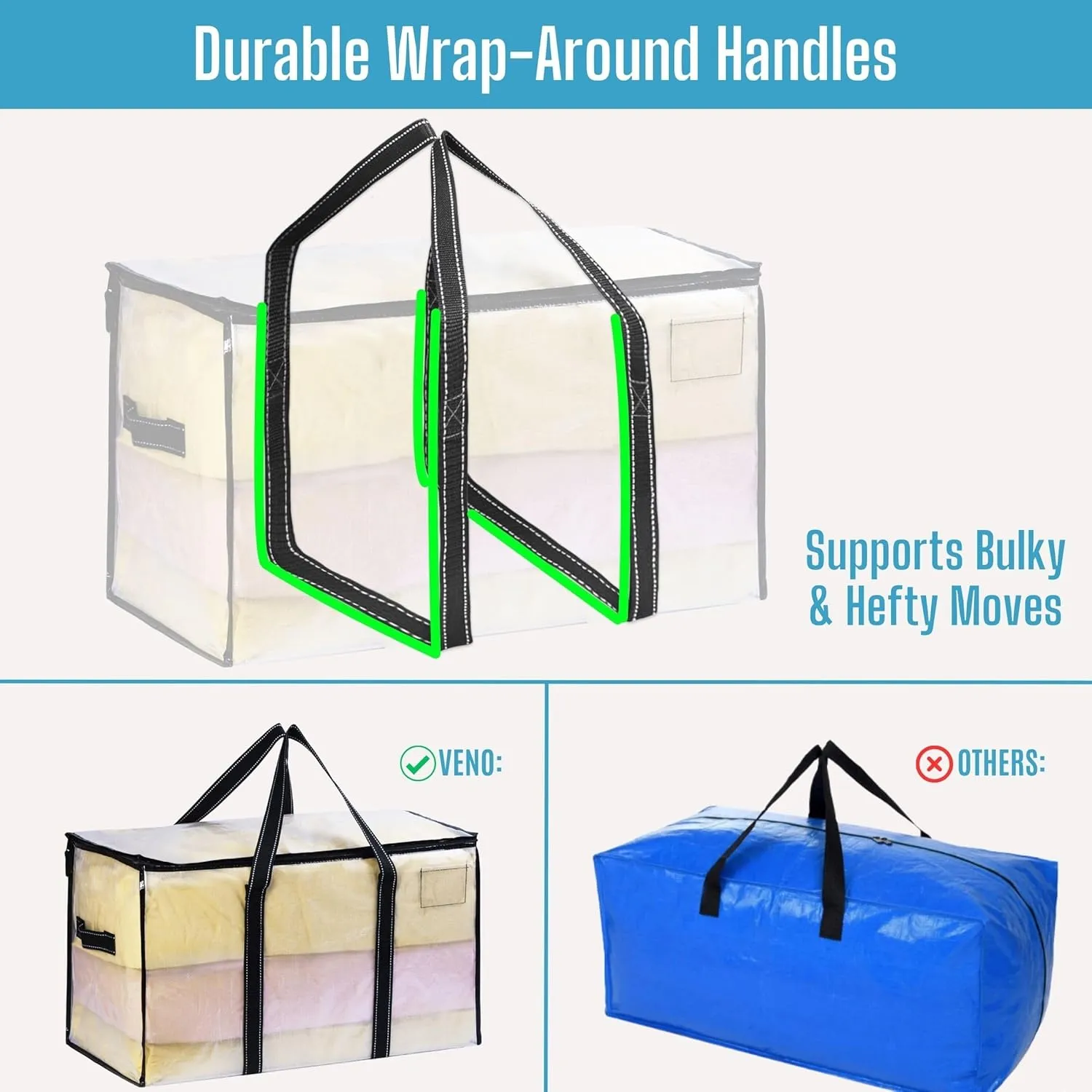VENO 4 Pack Moving Bags, Heavy Duty, Moving Boxes Alternative, Packing Storage Supplies for Dorm Room Essentials with Zipper for Clothes, Large Totes for Packaging (Clear-4 Pack)