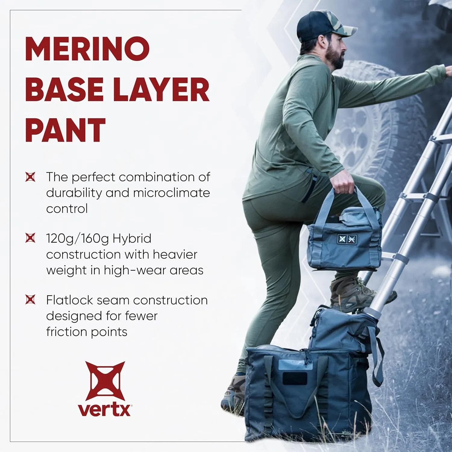 Vertx Mens Merino Wool Base Layer Pants Long Johns, Cold Weather, Quick Dry, Outdoor Wear, Tactical Clothing
