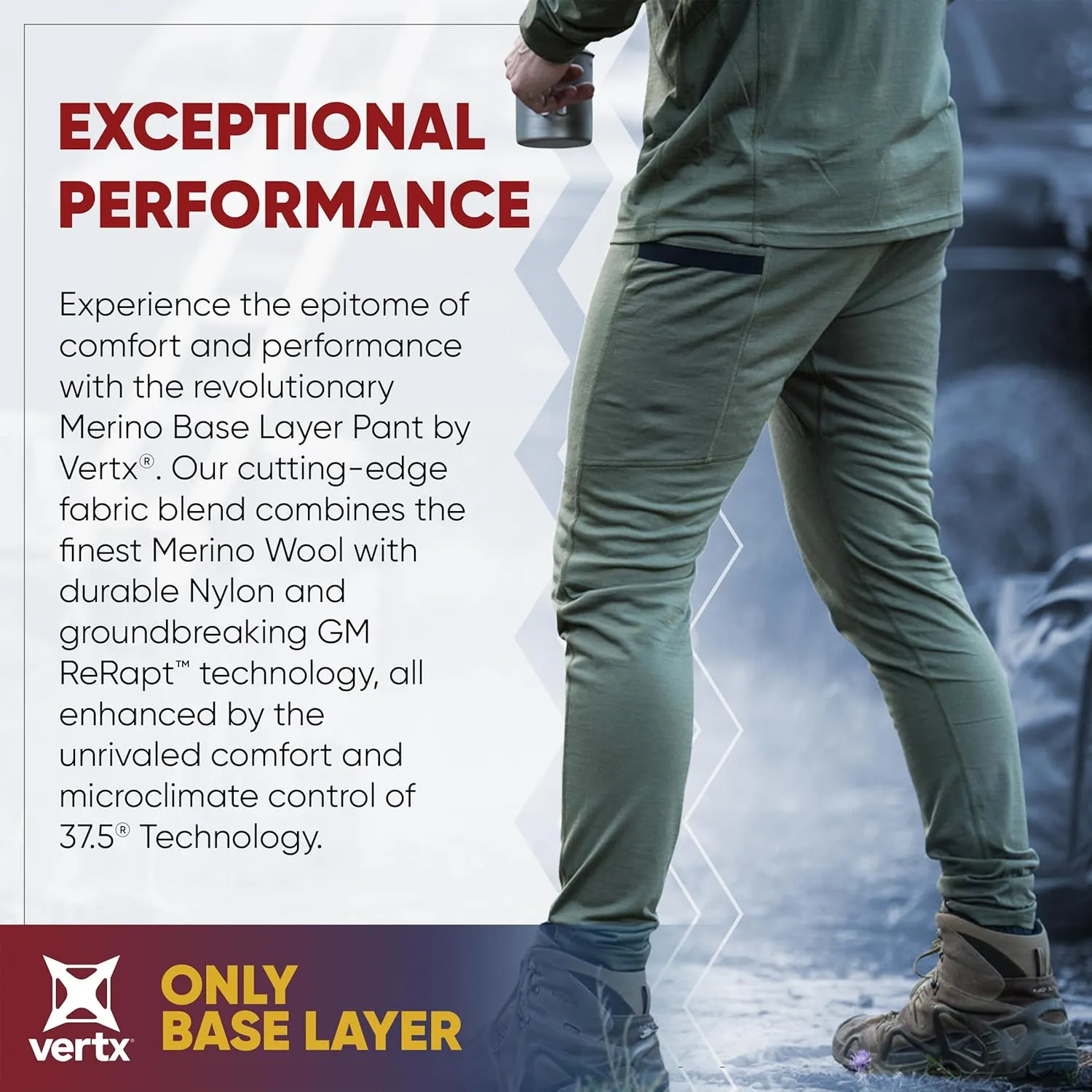 Vertx Mens Merino Wool Base Layer Pants Long Johns, Cold Weather, Quick Dry, Outdoor Wear, Tactical Clothing