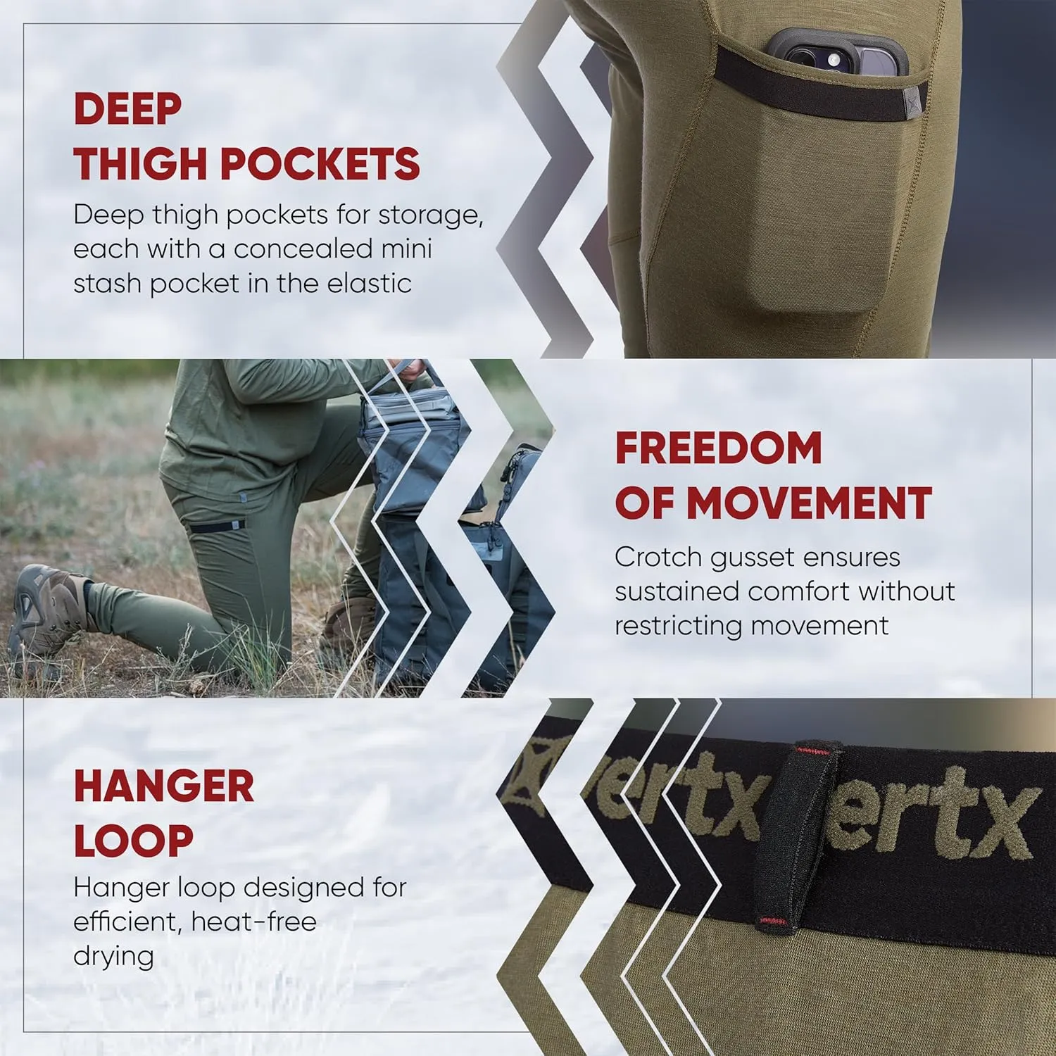 Vertx Mens Merino Wool Base Layer Pants Long Johns, Cold Weather, Quick Dry, Outdoor Wear, Tactical Clothing