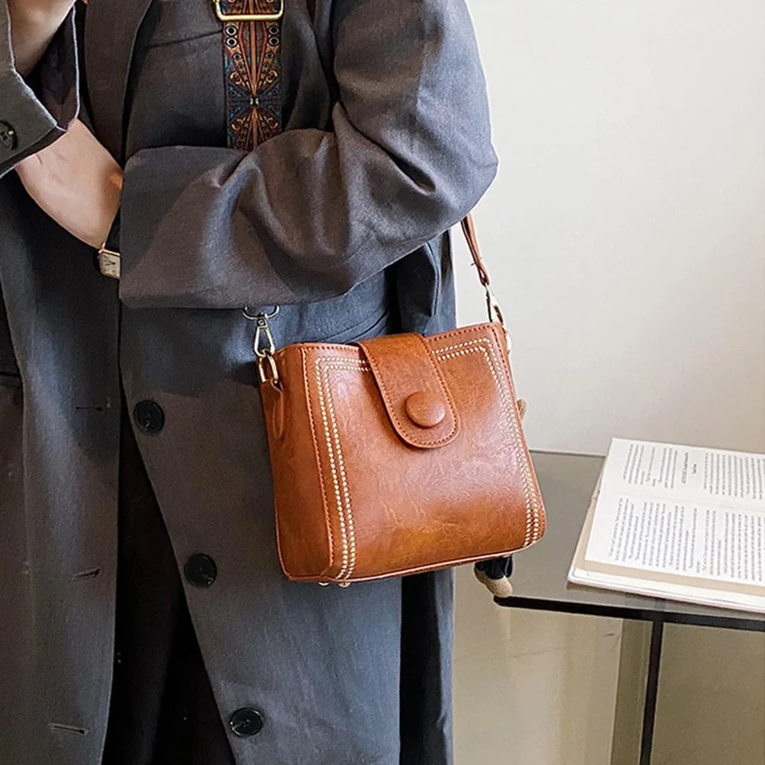 Vintage Fashion Bag with Adjustable Wider Shoulder Strap,Women's Vintage Bucket Bags,Retro Water Bucket Shoulder Bag