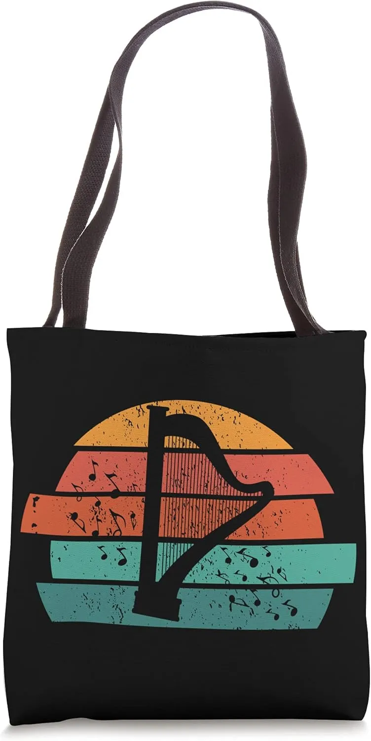 Vintage Harp Instrument Harpist Player Musical Notes Music Tote Bag
