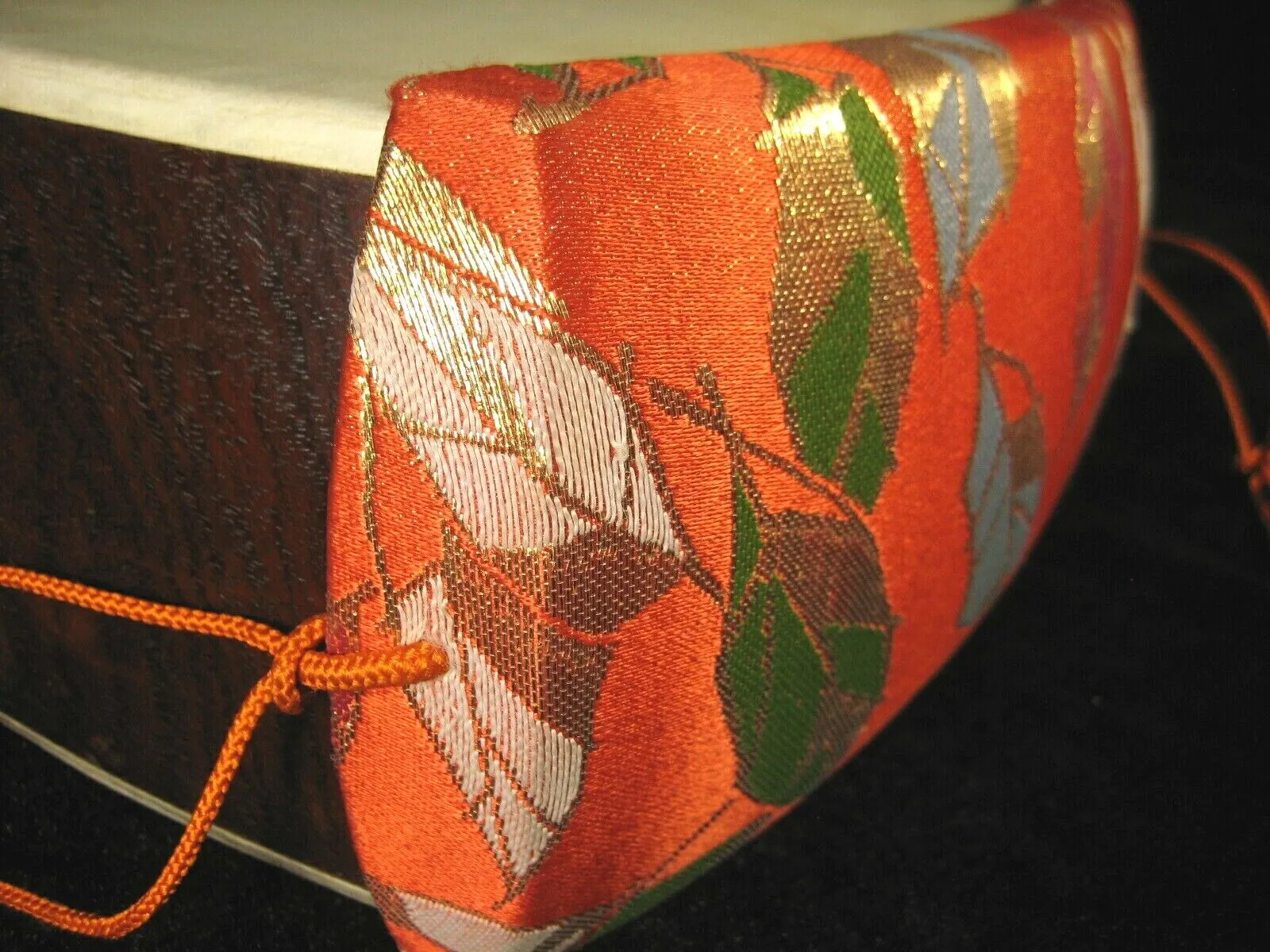 Vintage Japanese Shamisen Doukake Side Cover For Dou (Body) Orange W/ Leaves