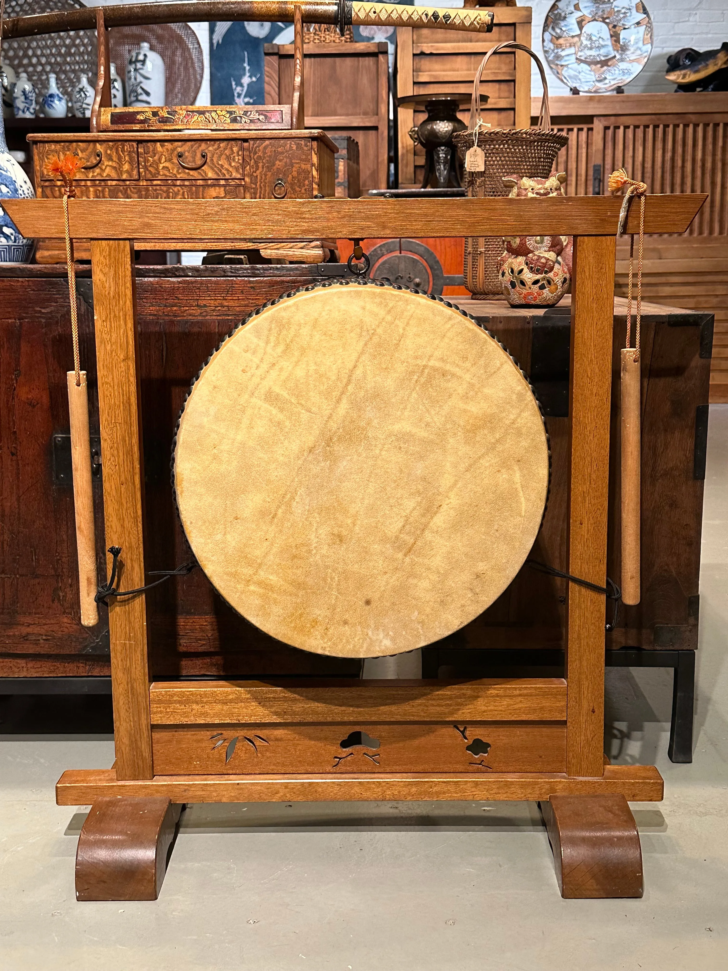 Vintage Japanese Taiko Drum w/ Stand Sticks 26"x18"
