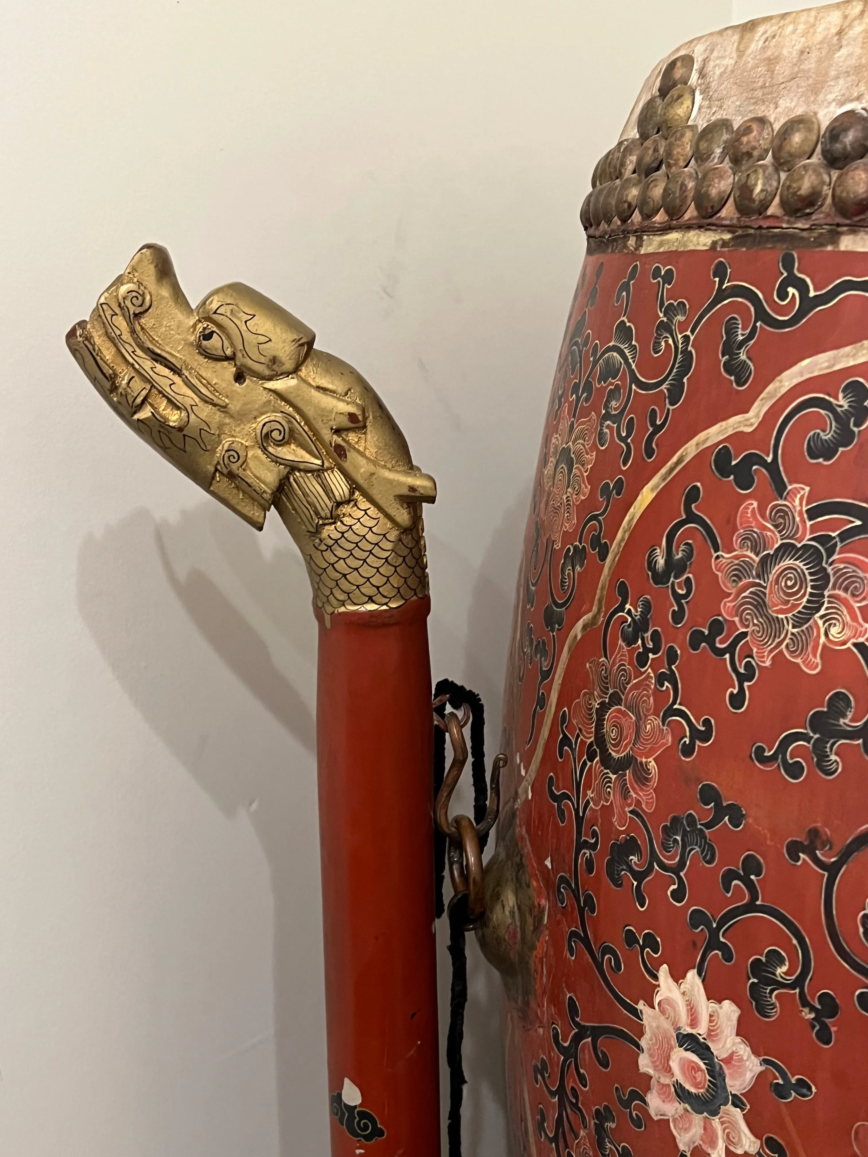 Vintage Taiko Drum in Chinese Motifs w/ Stand Sticks Accessories 26"x18"