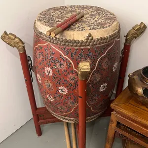 Vintage Taiko Drum in Chinese Motifs w/ Stand Sticks Accessories 26"x18"